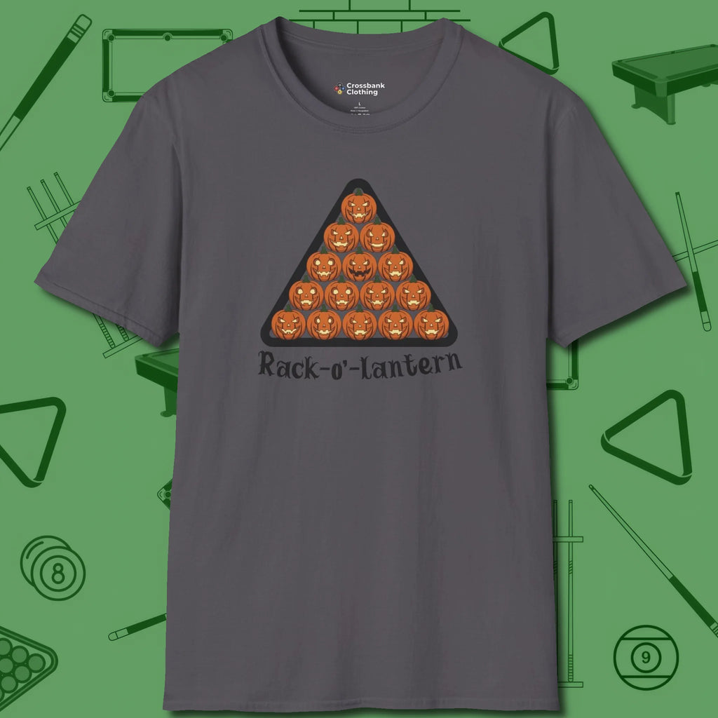 Rack-O'-Lantern T-Shirt, front view, in Charcoal clean lines for dirty minds