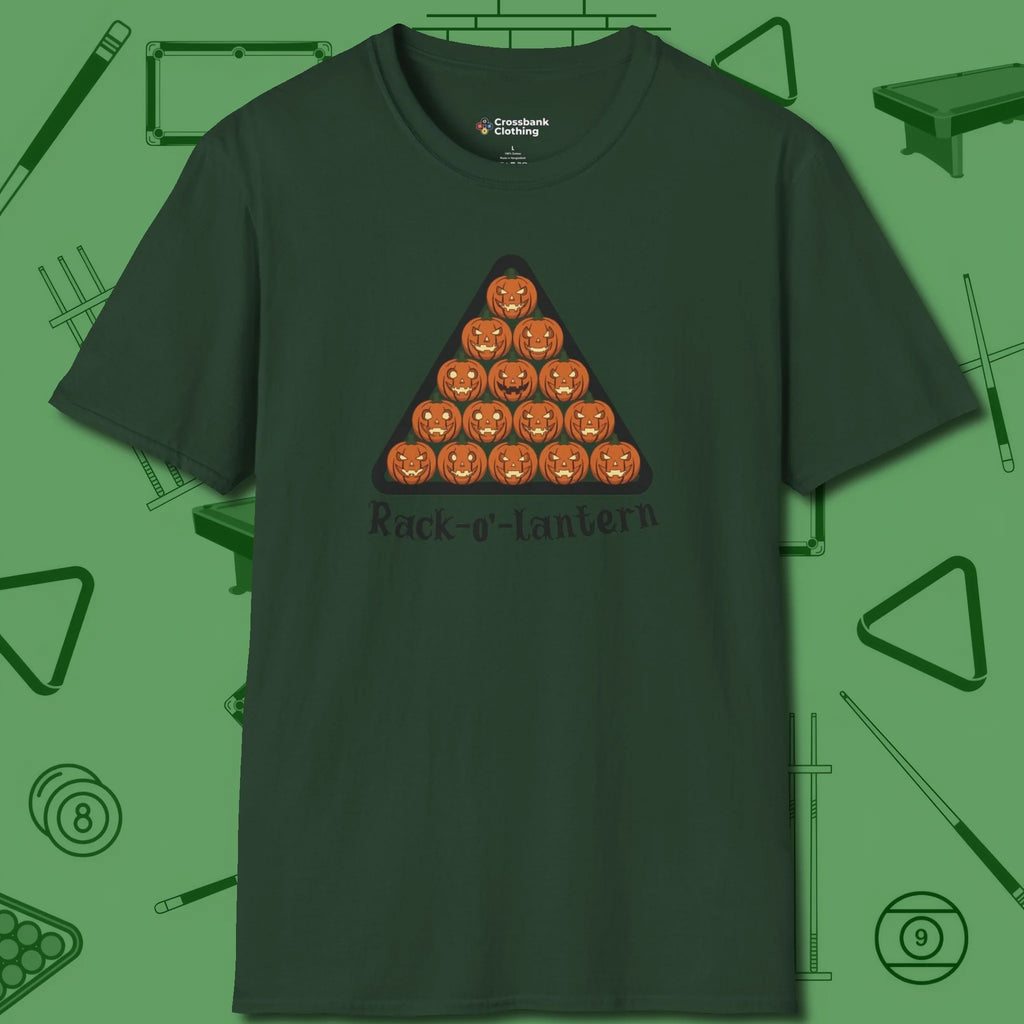 Rack-O'-Lantern T-Shirt, front view, in Forest Green smart enough for the felt and the street