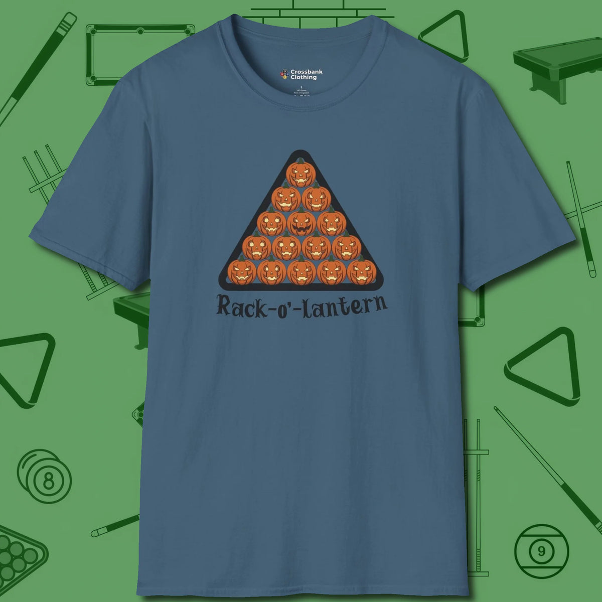 Rack-O'-Lantern T-Shirt, front view, in Indigo Blue not your average 8-ball graphic tee