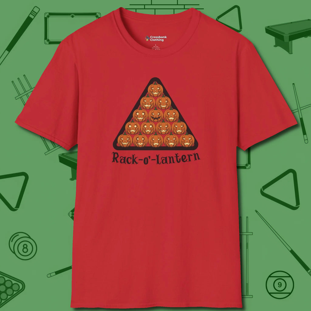 Rack-O'-Lantern T-Shirt, front view, in Red perfect for players with quiet fire