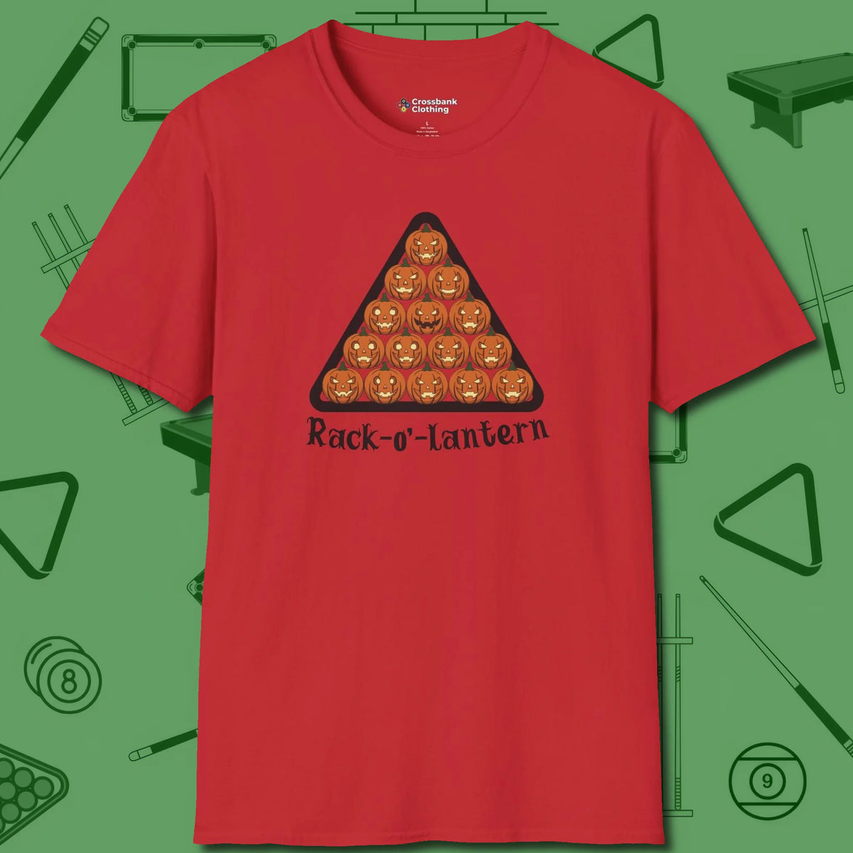 Rack-O'-Lantern T-Shirt, front view, in Red perfect for players with quiet fire