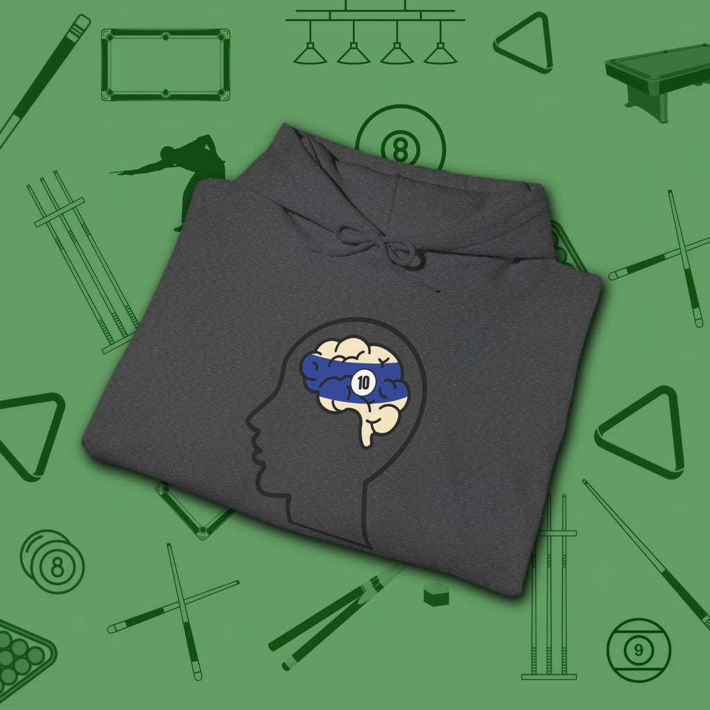 Rack Obsessed Hoodie, in Dark Heather color, billiards shirt, folded view