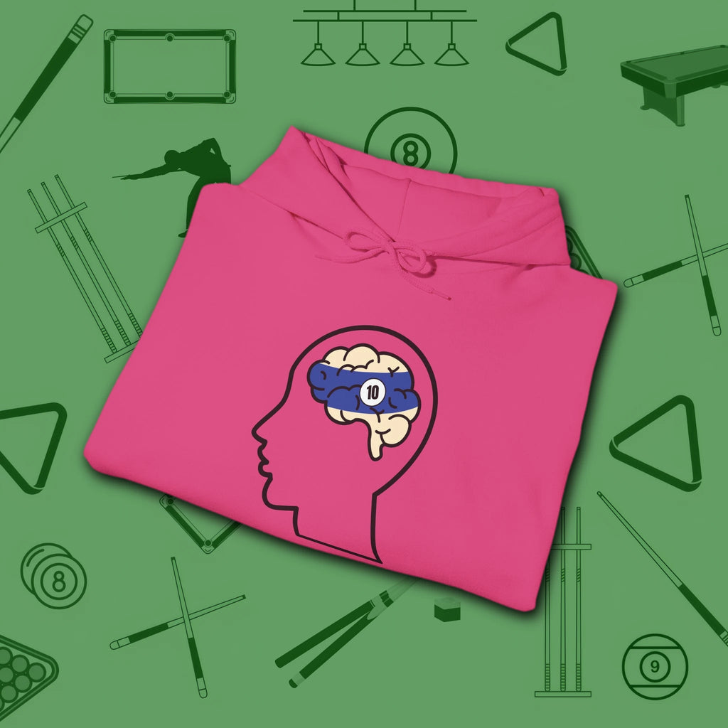 Rack Obsessed Hoodie, in Heliconia color, billiards shirt, folded view