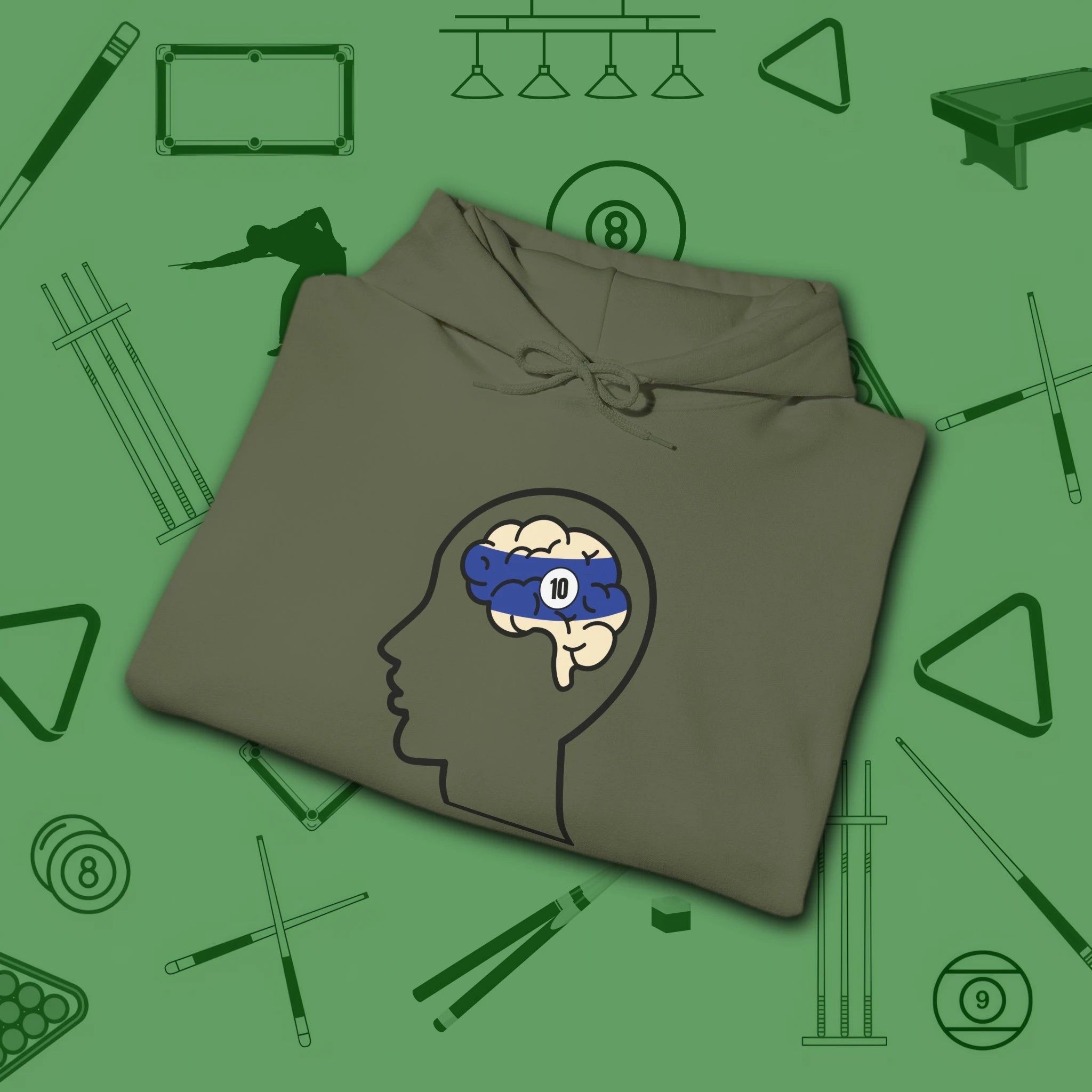 Rack Obsessed Hoodie, in Military Green color, billiards shirt, folded view