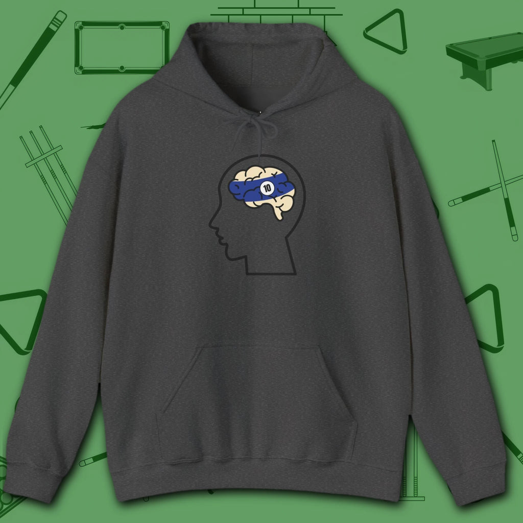 Rack Obsessed Hoodie, in Dark Heather color, billiards shirt, front view
