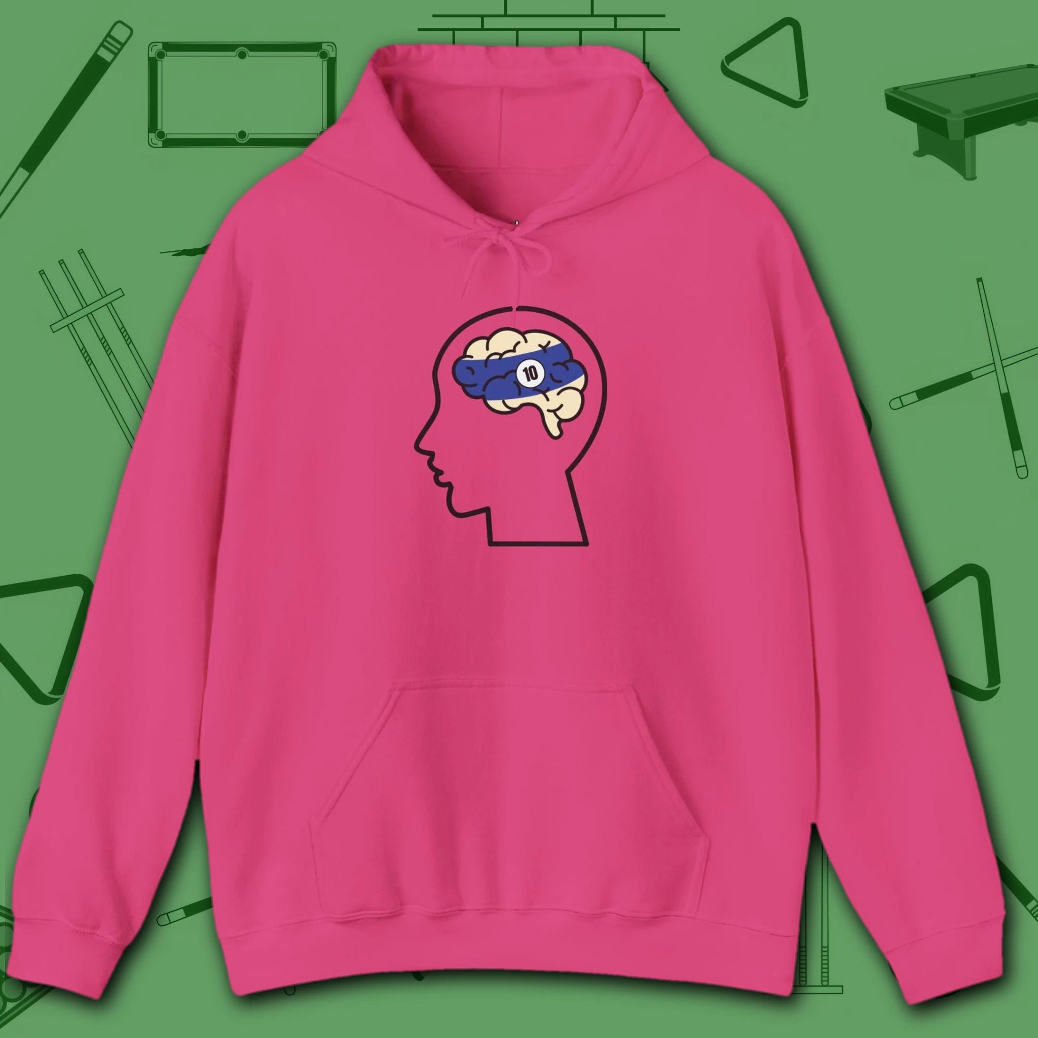 Rack Obsessed Hoodie, in Heliconia color, billiards shirt, front view