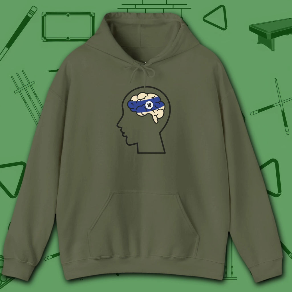 Rack Obsessed Hoodie, in Military Green color, billiards shirt, front view
