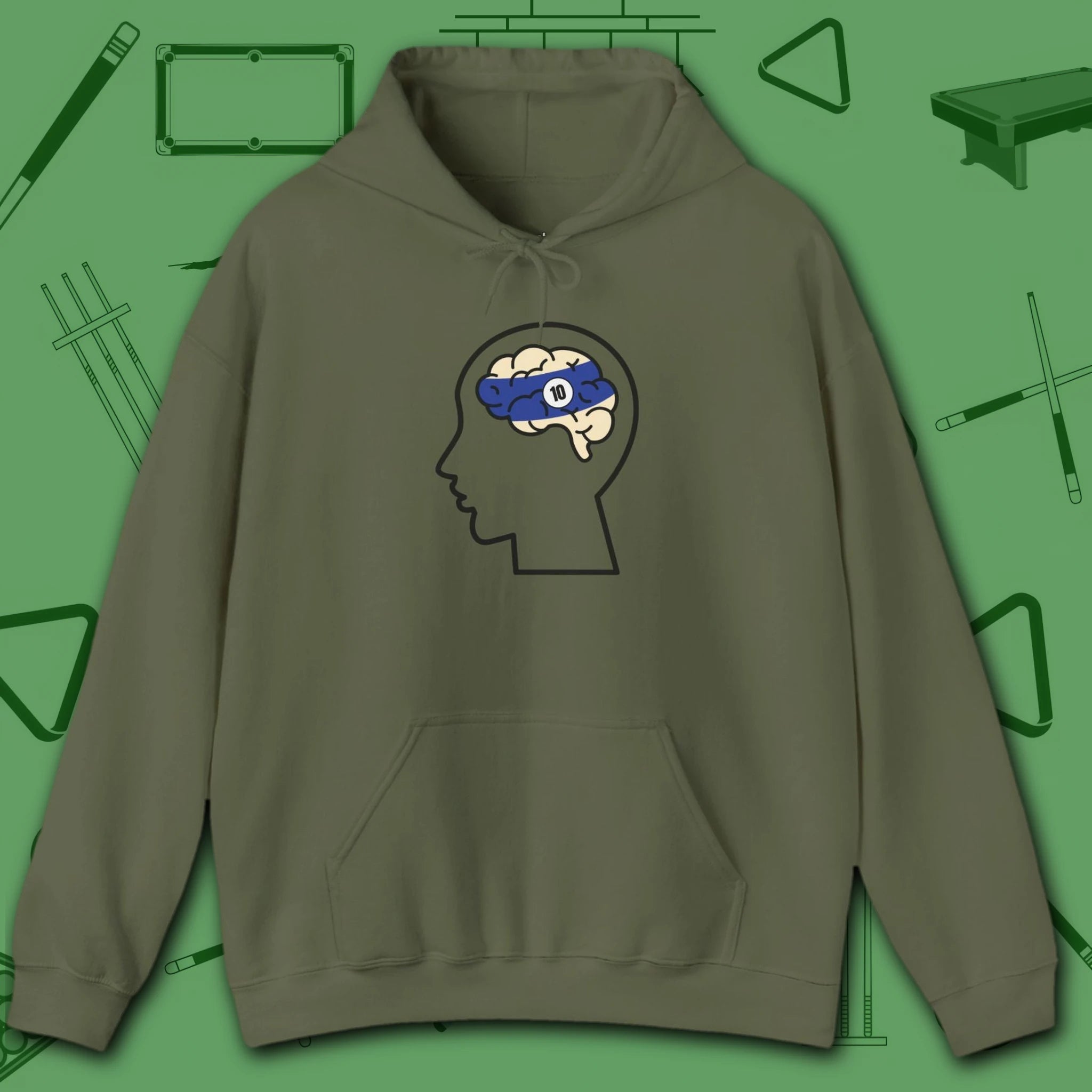 Rack Obsessed Hoodie, in Military Green color, billiards shirt, front view