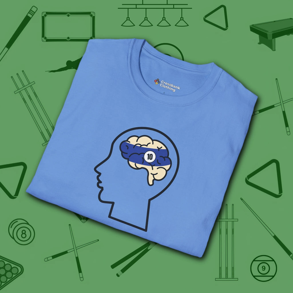 Rack Obsessed T-Shirt, in Carolina Blue color, billiards shirt, folded view