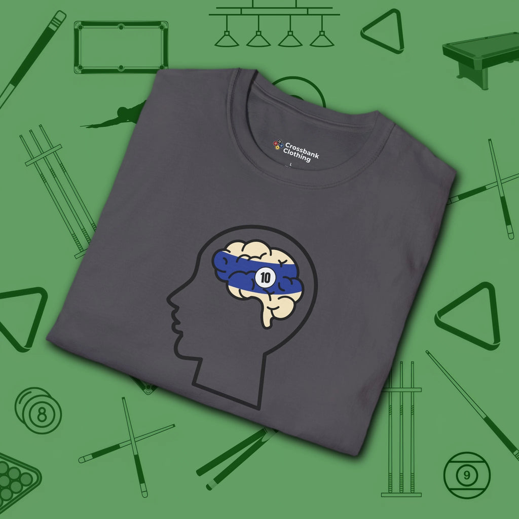 Rack Obsessed T-Shirt, in Charcoal color, billiards shirt, folded view