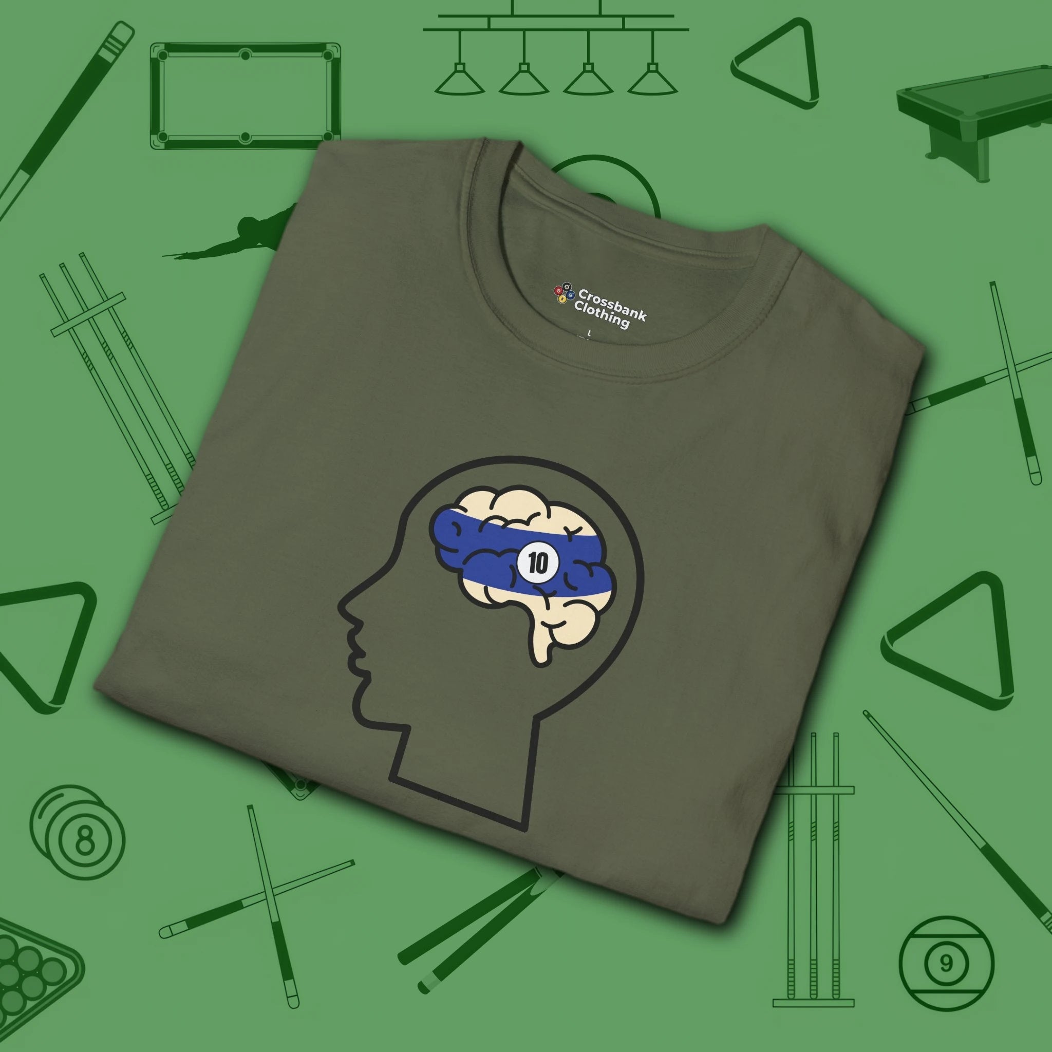 Rack Obsessed T-Shirt, in Military Green color, billiards shirt, folded view