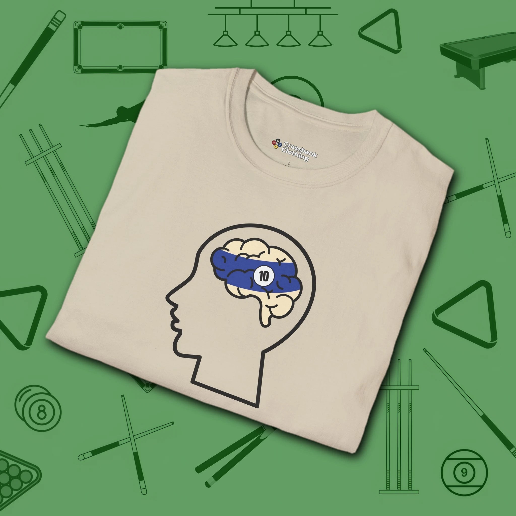 Rack Obsessed T-Shirt, in Sand color, billiards shirt, folded view