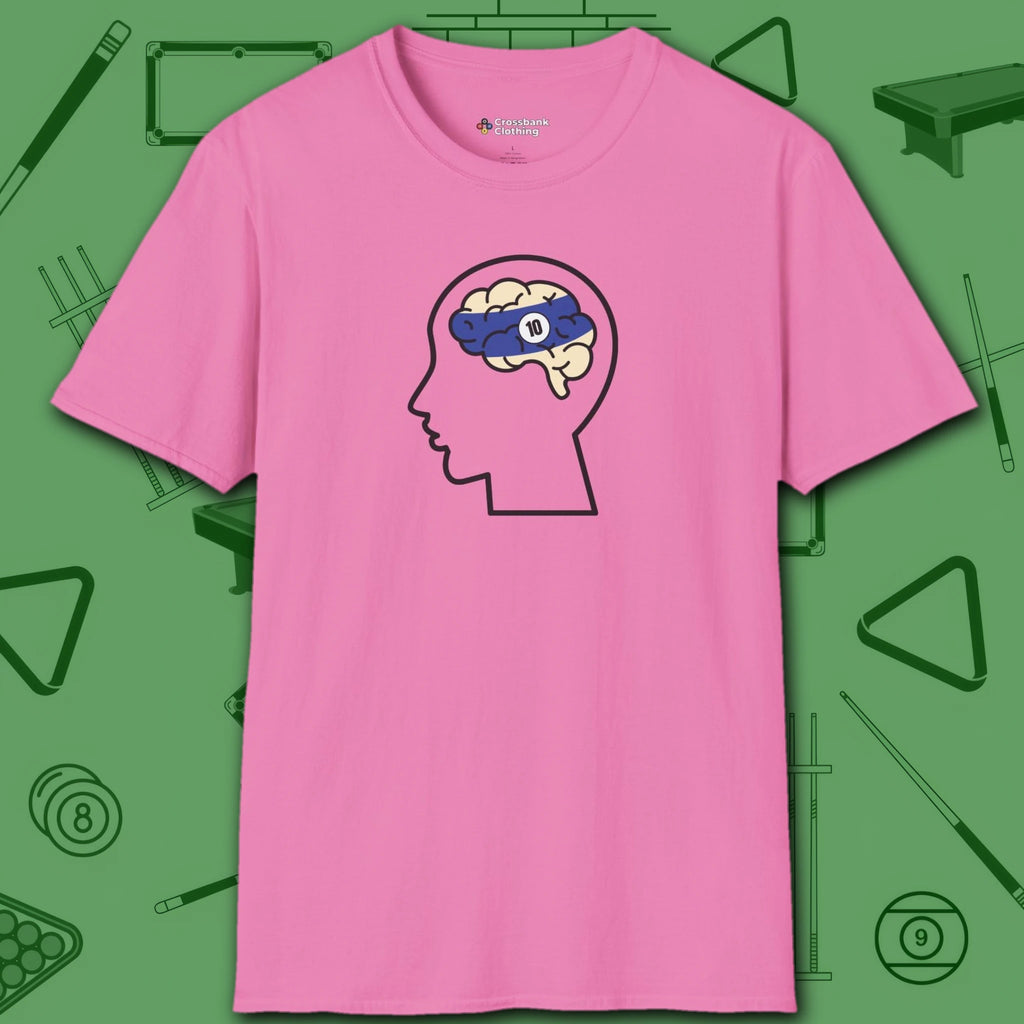 Rack Obsessed T-Shirt, in Azalea color, billiards shirt, front view