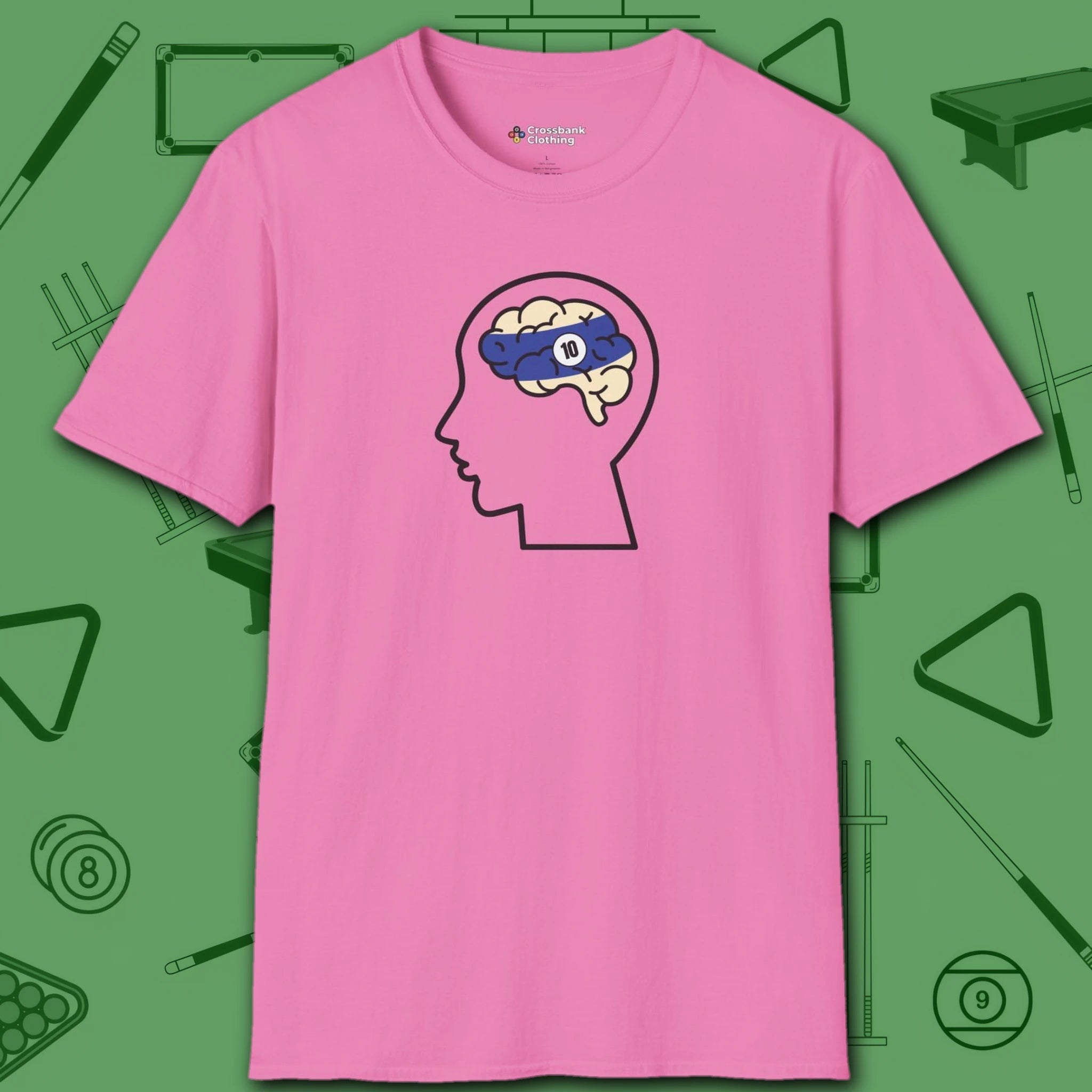 Rack Obsessed T-Shirt, in Azalea color, billiards shirt, front view