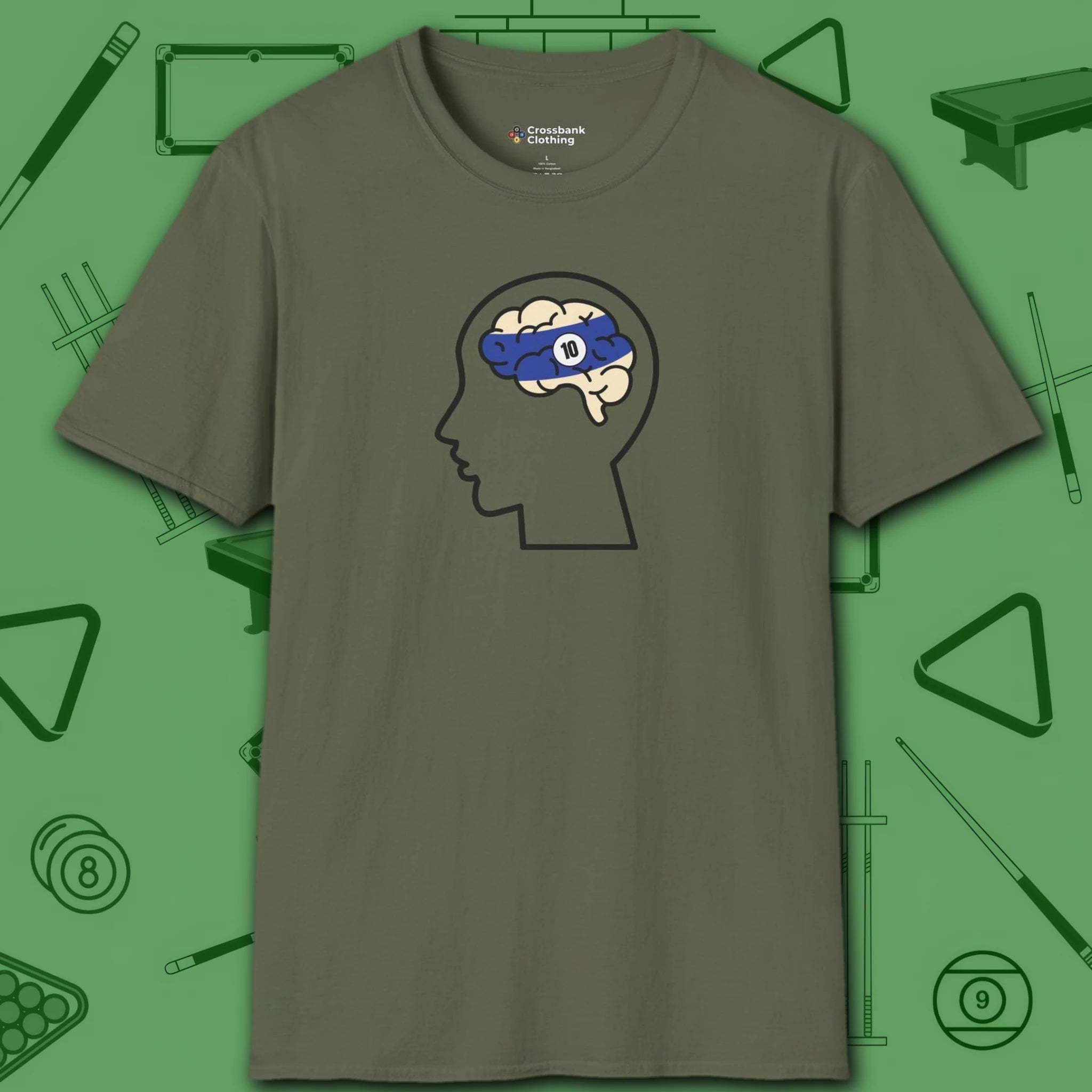 Rack Obsessed T-Shirt, in Military Green color, billiards shirt, front view
