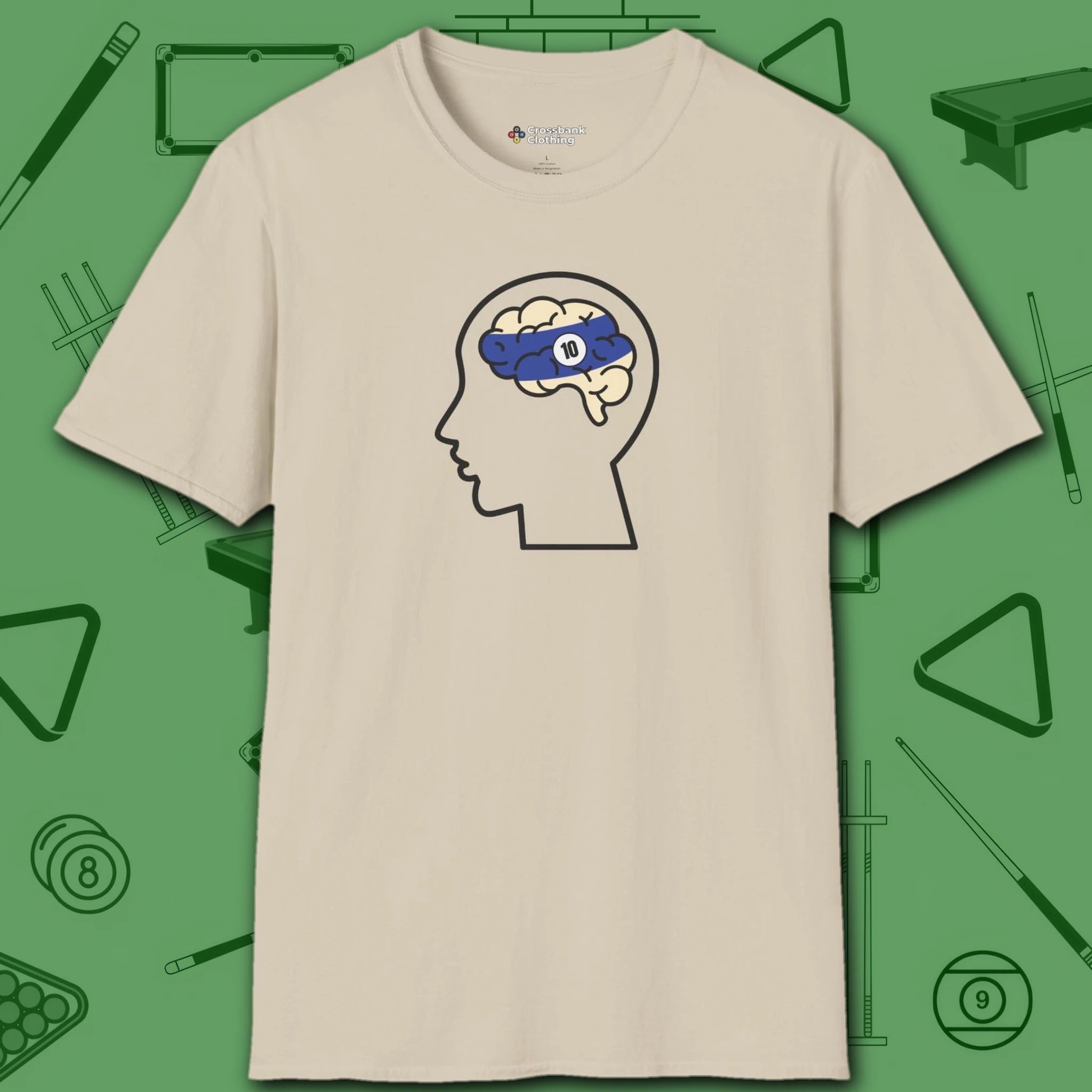 Rack Obsessed T-Shirt, in Sand color, billiards shirt, front view