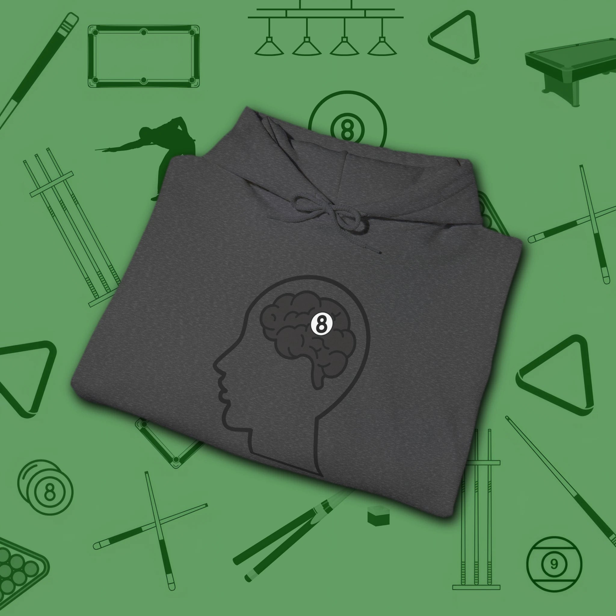 Rack Obsessed Hoodie, in Dark Heather color, billiards shirt, folded view