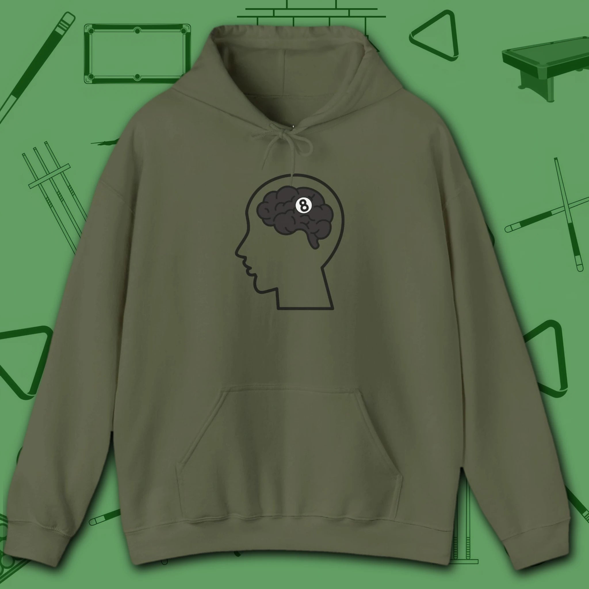 Rack Obsessed Hoodie, in Military Green color, billiards shirt, front view