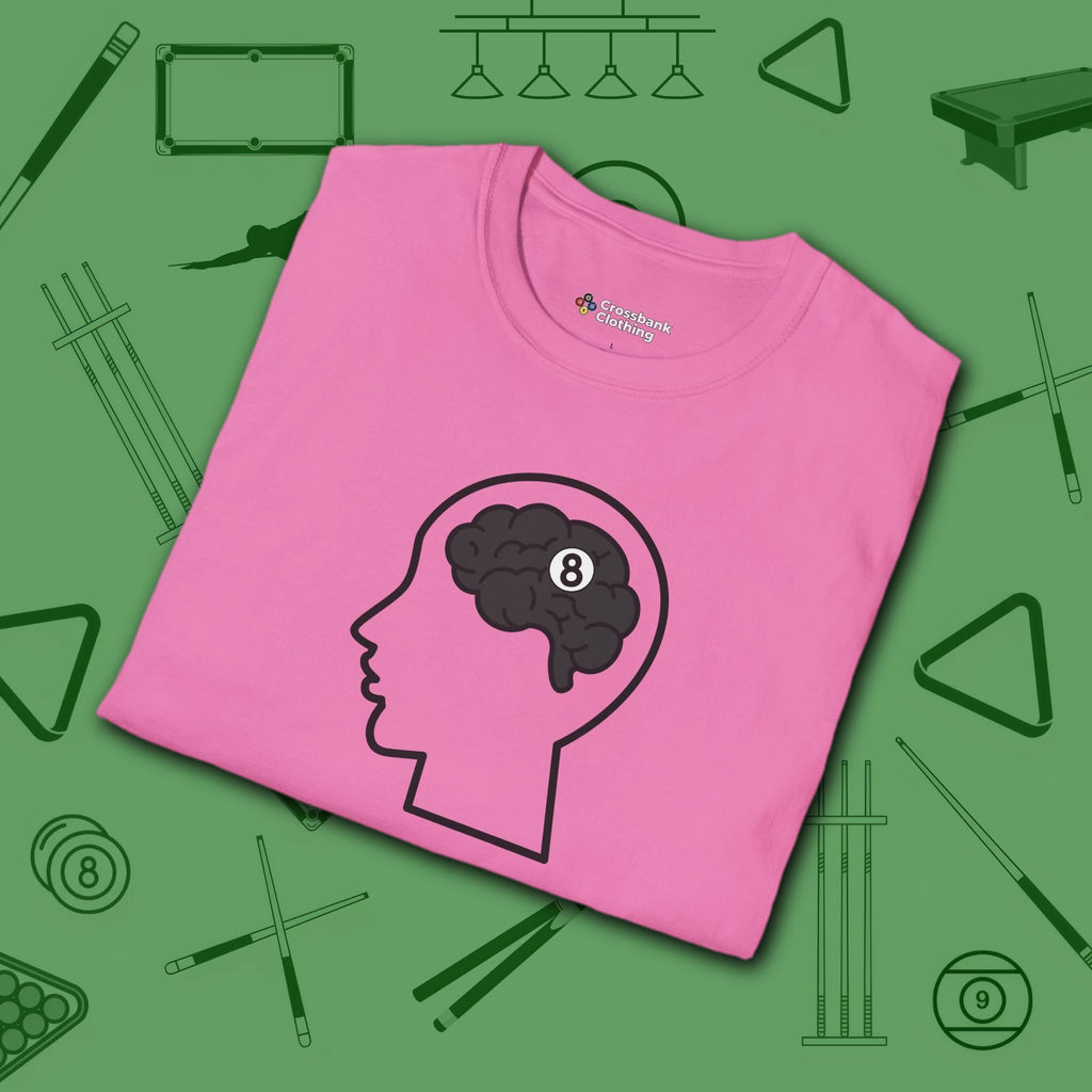 Rack Obsessed T-Shirt, in Azalea color, billiards shirt, folded view