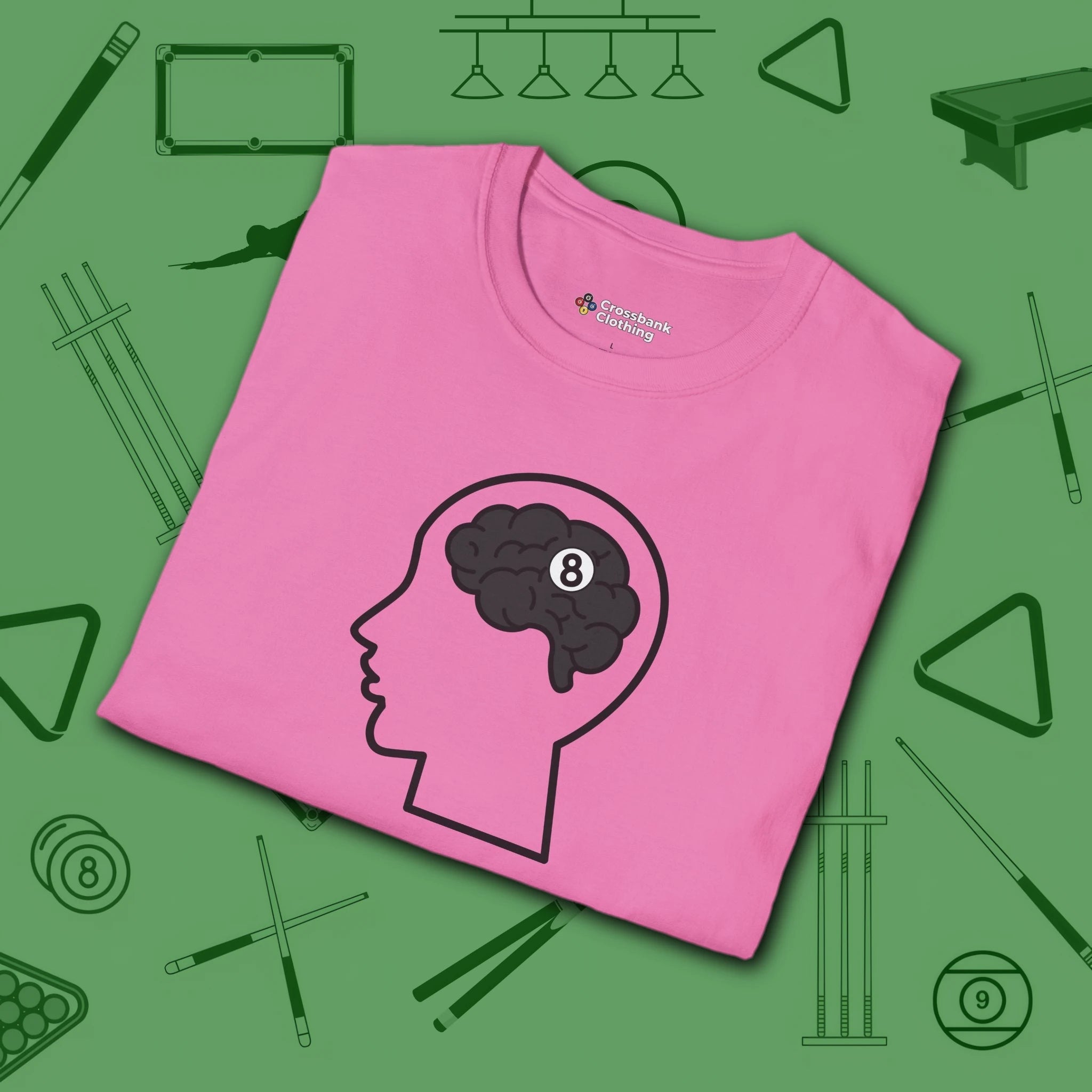 Rack Obsessed T-Shirt, in Azalea color, billiards shirt, folded view