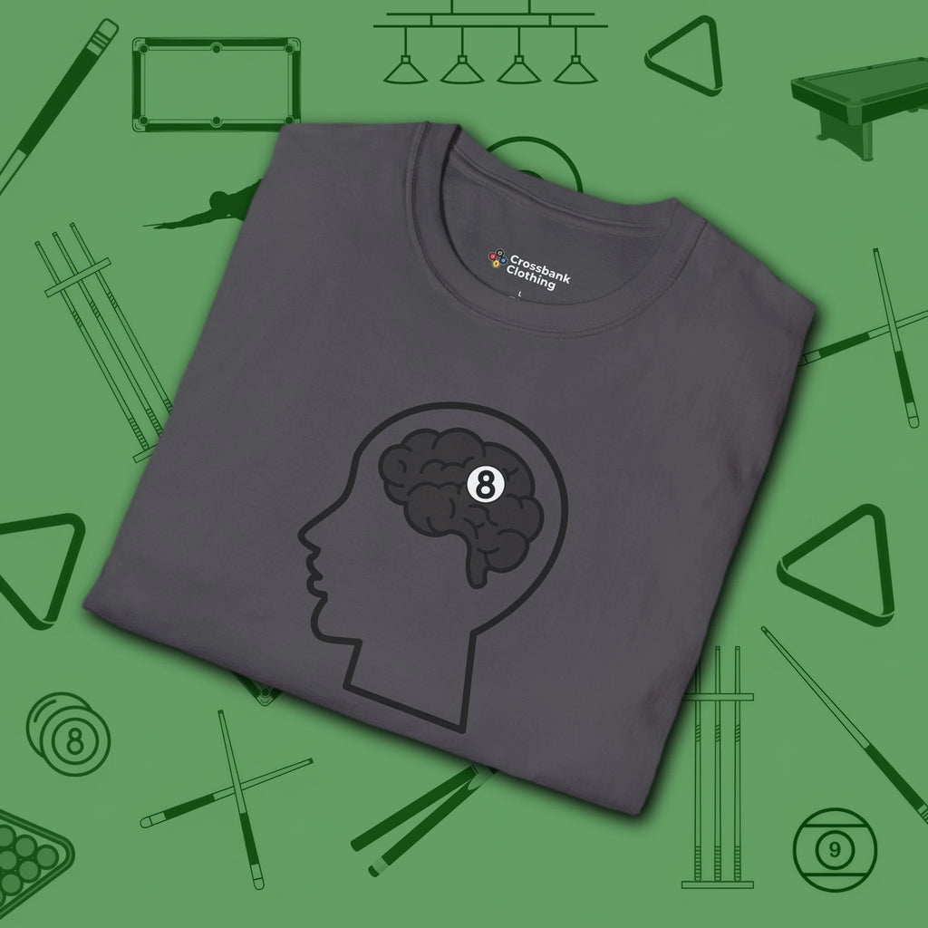 Rack Obsessed T-Shirt, in Charcoal color, billiards shirt, folded view