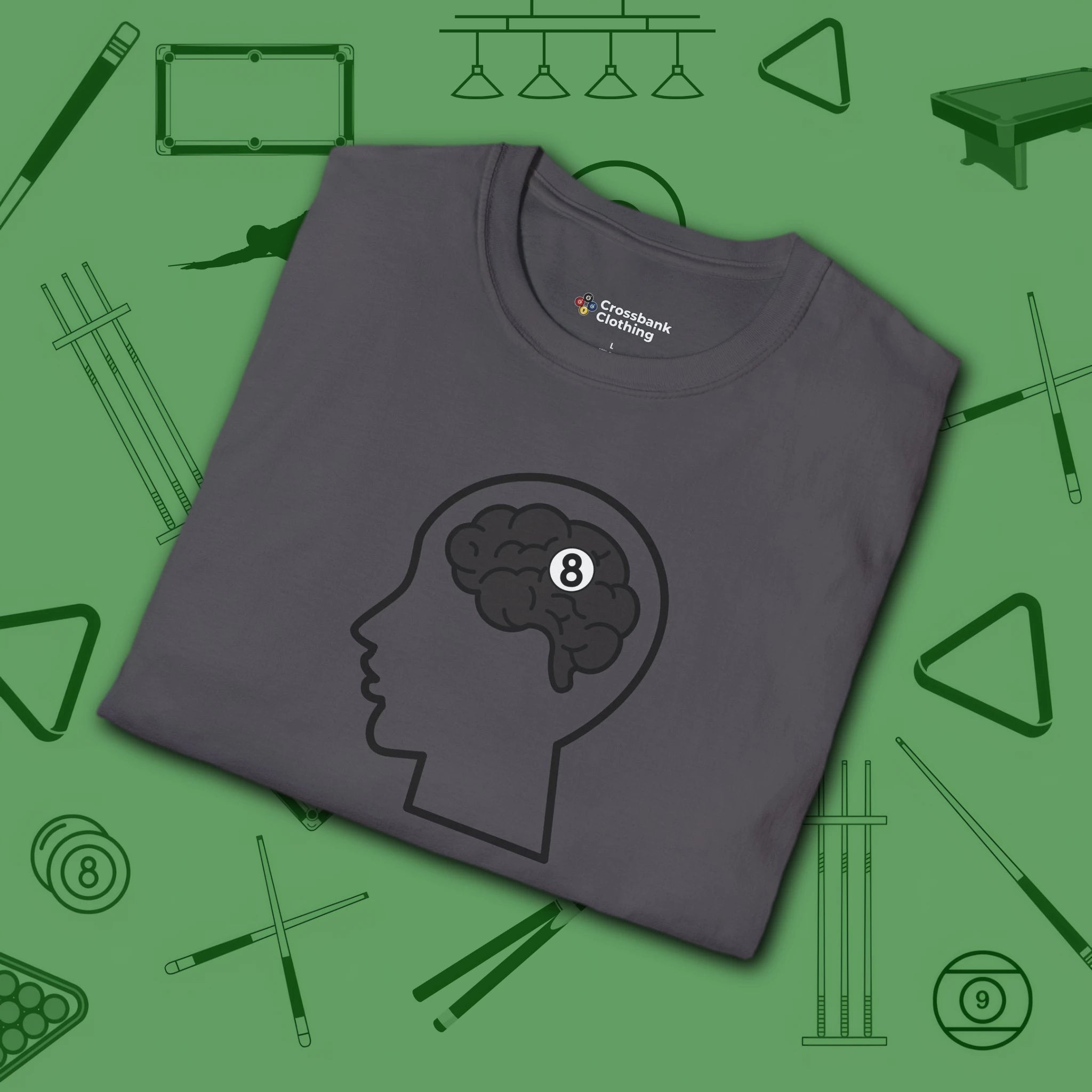 Rack Obsessed T-Shirt, in Charcoal color, billiards shirt, folded view