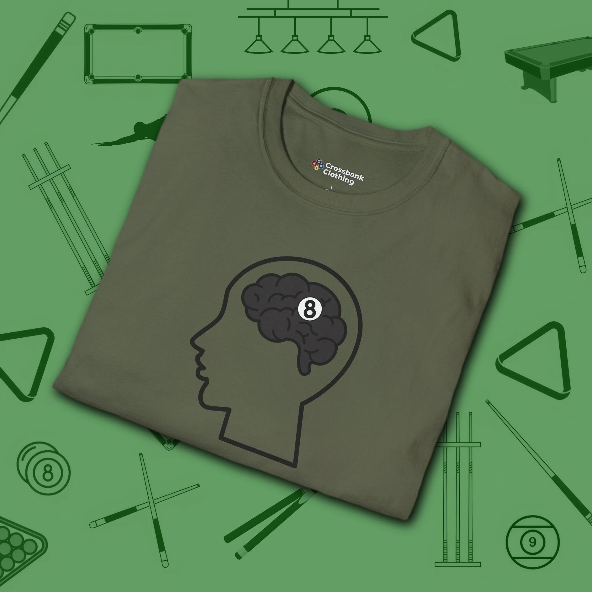 Rack Obsessed T-Shirt, in Military Green color, billiards shirt, folded view