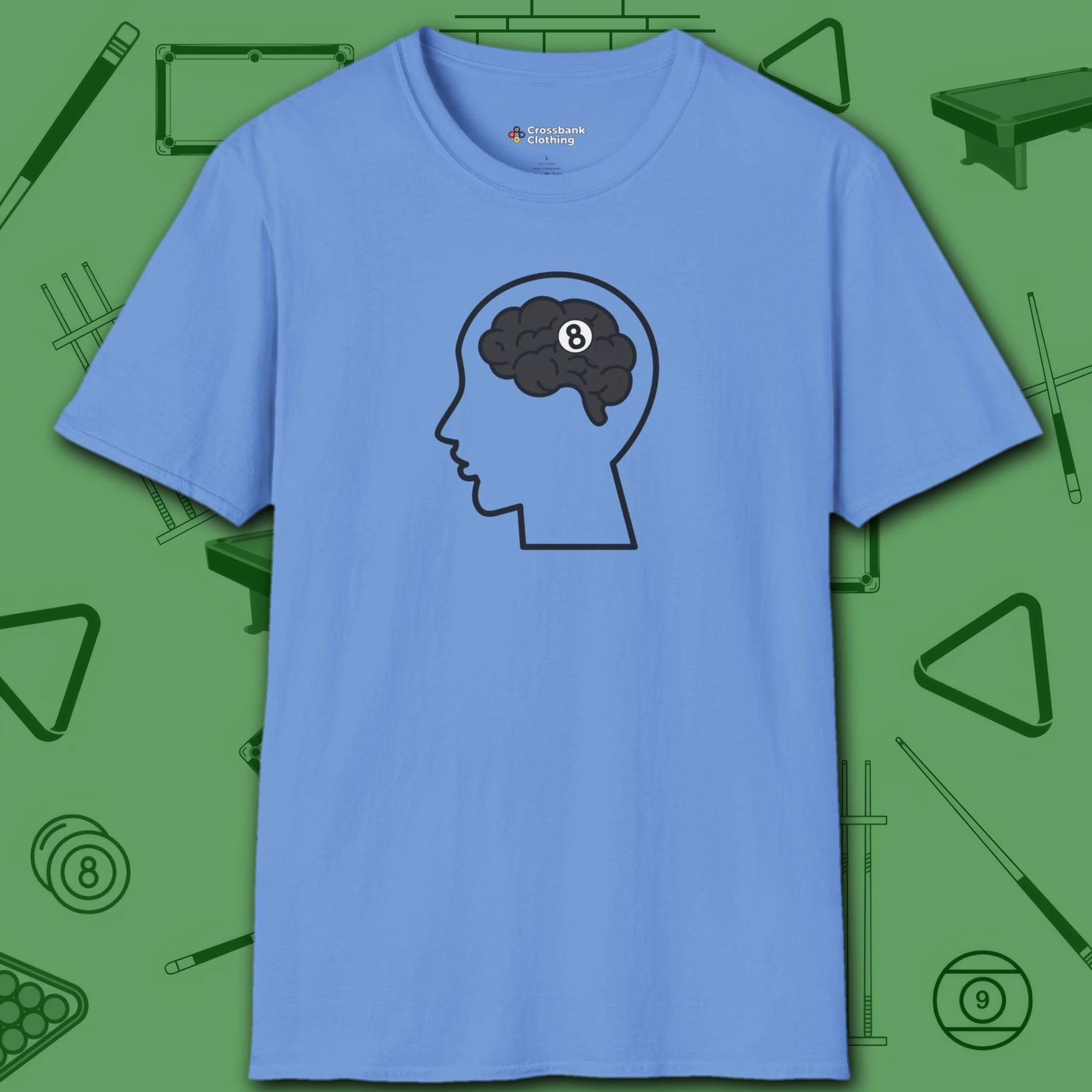 Rack Obsessed T-Shirt, in Carolina Blue color, billiards shirt, front view