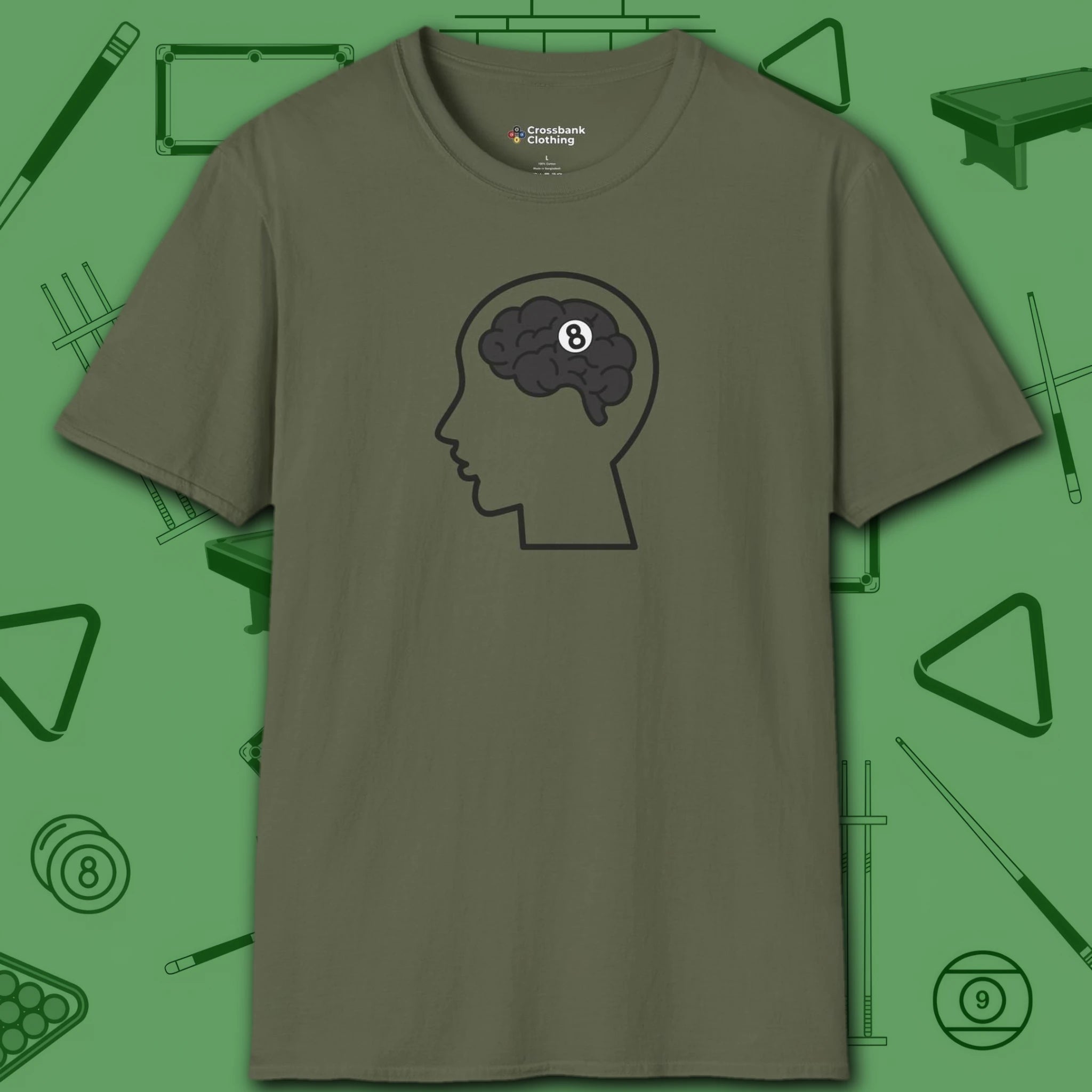 Rack Obsessed T-Shirt, in Military Green color, billiards shirt, front view