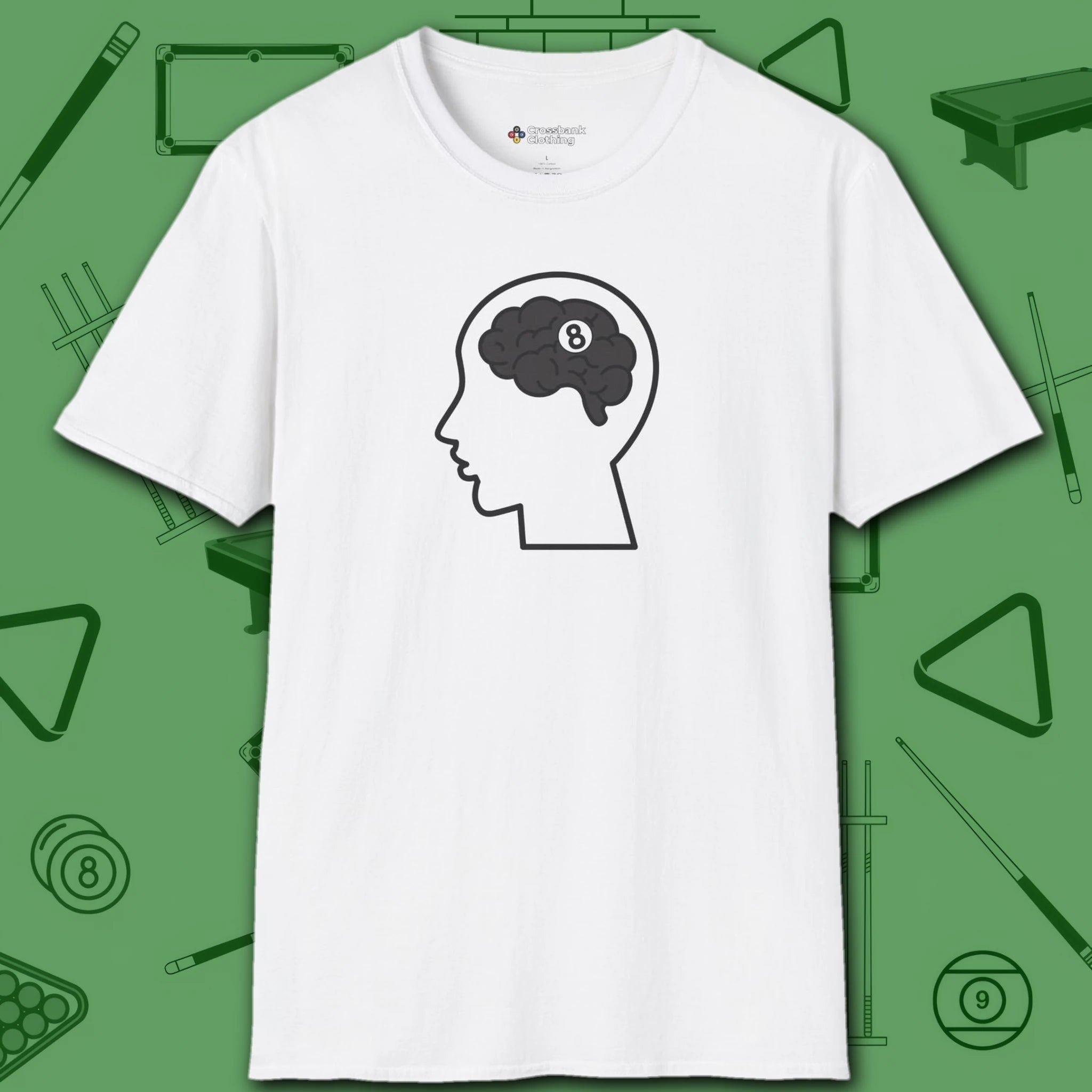 Rack Obsessed T-Shirt, in White color, billiards shirt, front view