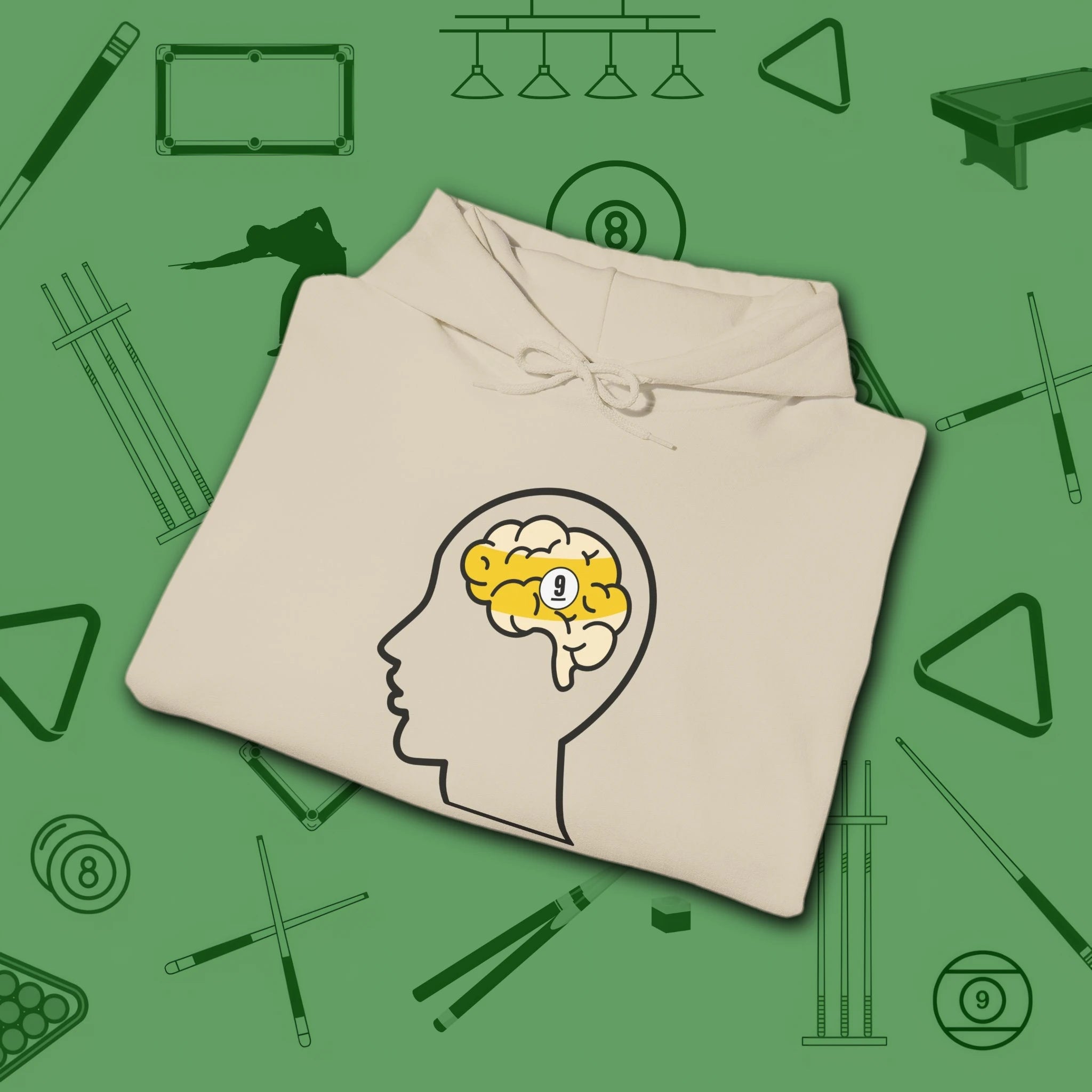 Rack Obsessed Hoodie, in Sand color, billiards shirt, folded view