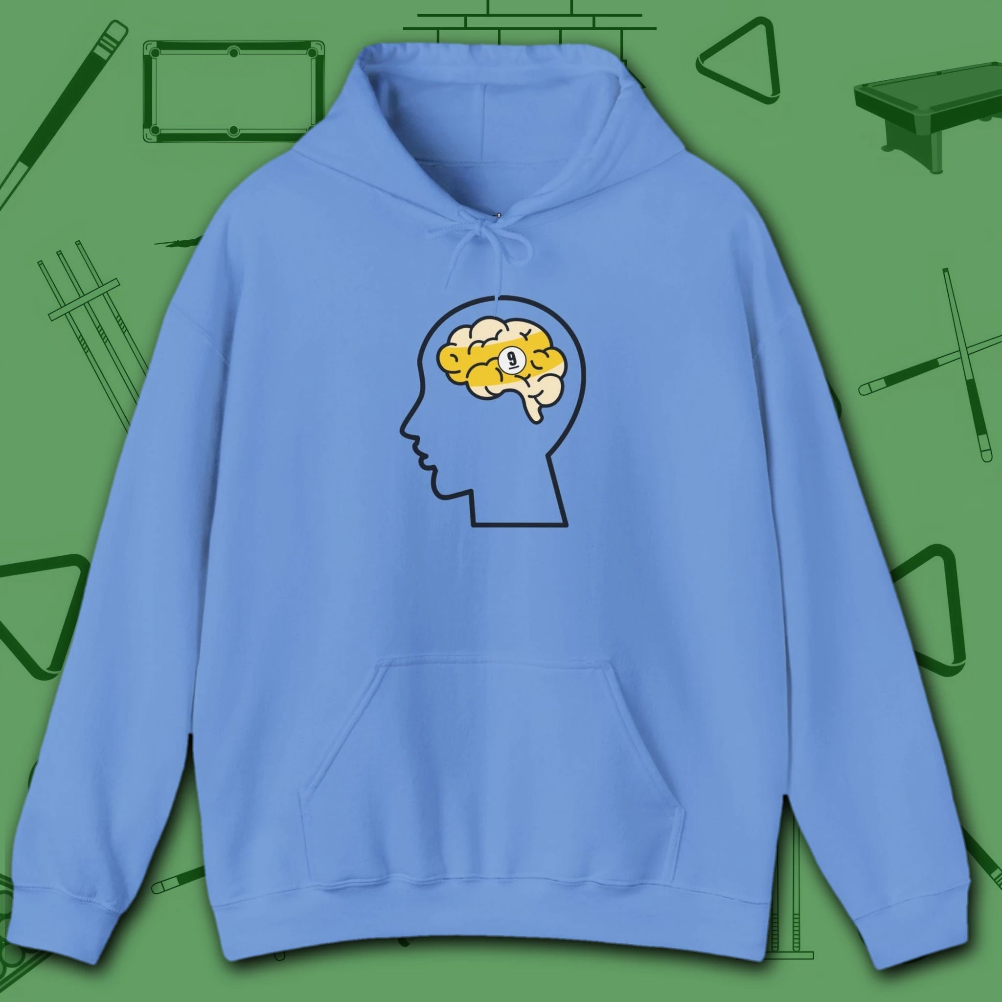 Rack Obsessed Hoodie, in Carolina Blue color, billiards shirt, front view