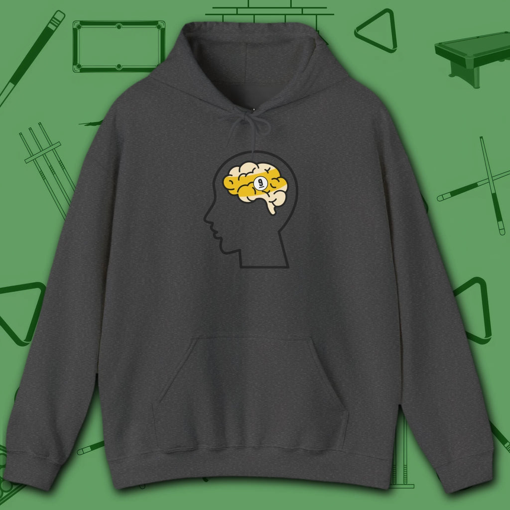 Rack Obsessed Hoodie, in Dark Heather color, billiards shirt, front view