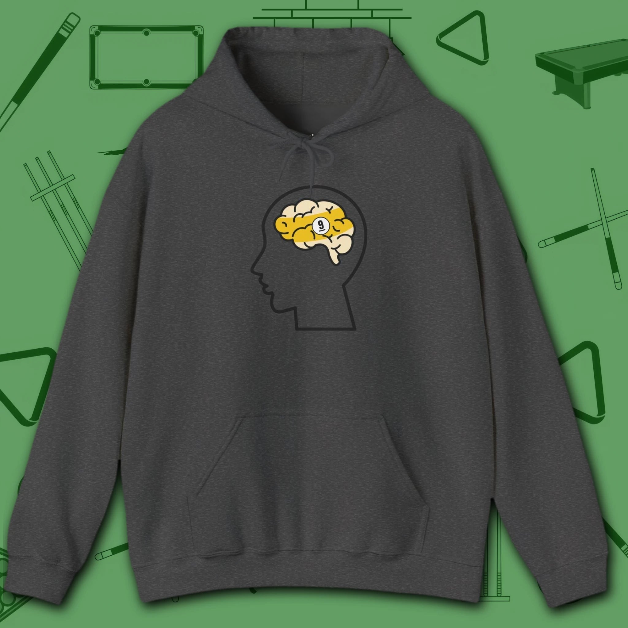 Rack Obsessed Hoodie, in Dark Heather color, billiards shirt, front view