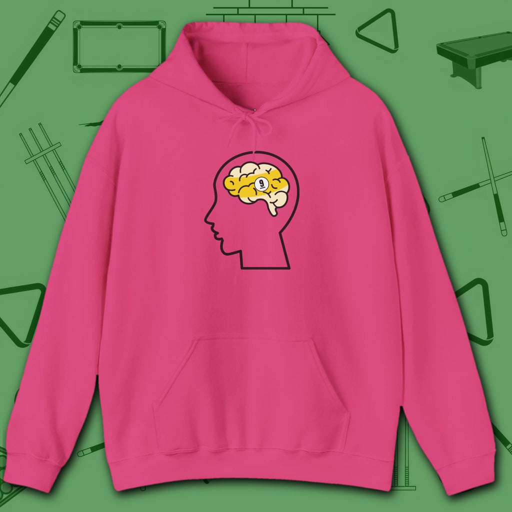 Rack Obsessed Hoodie, in Heliconia color, billiards shirt, front view