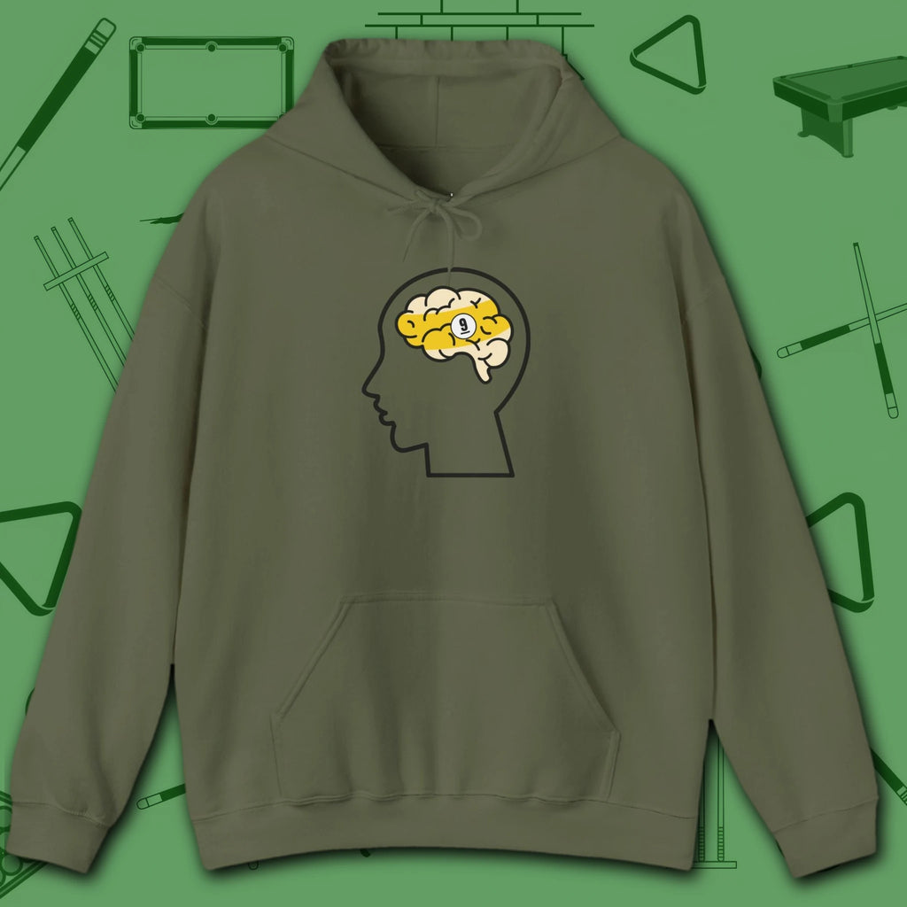 Rack Obsessed Hoodie, in Military Green color, billiards shirt, front view