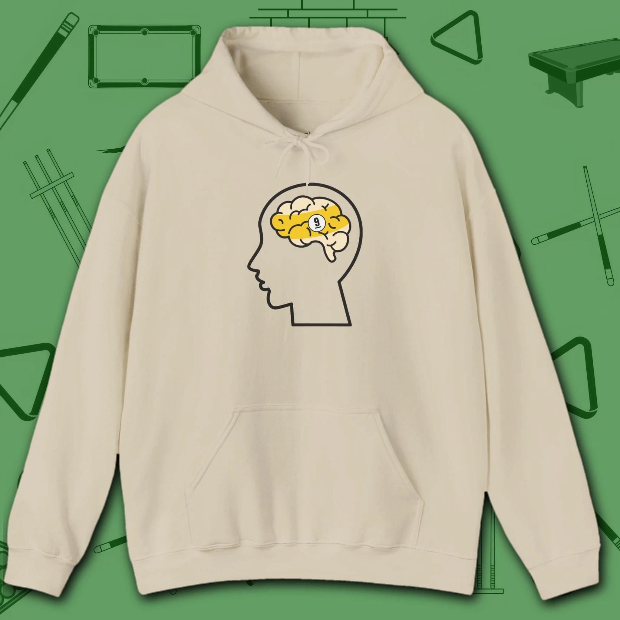 Rack Obsessed Hoodie, in Sand color, billiards shirt, front view