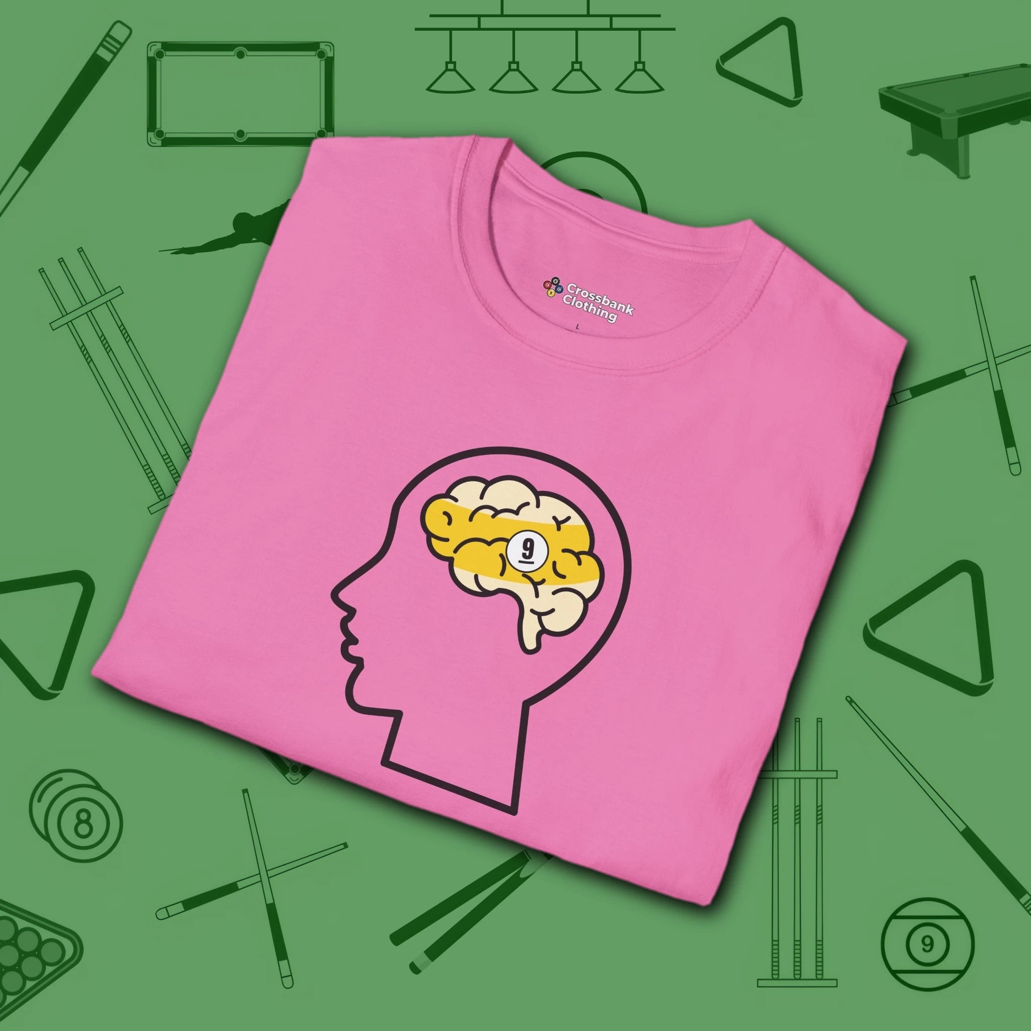 Rack Obsessed T-Shirt, in Azalea color, billiards shirt, folded view