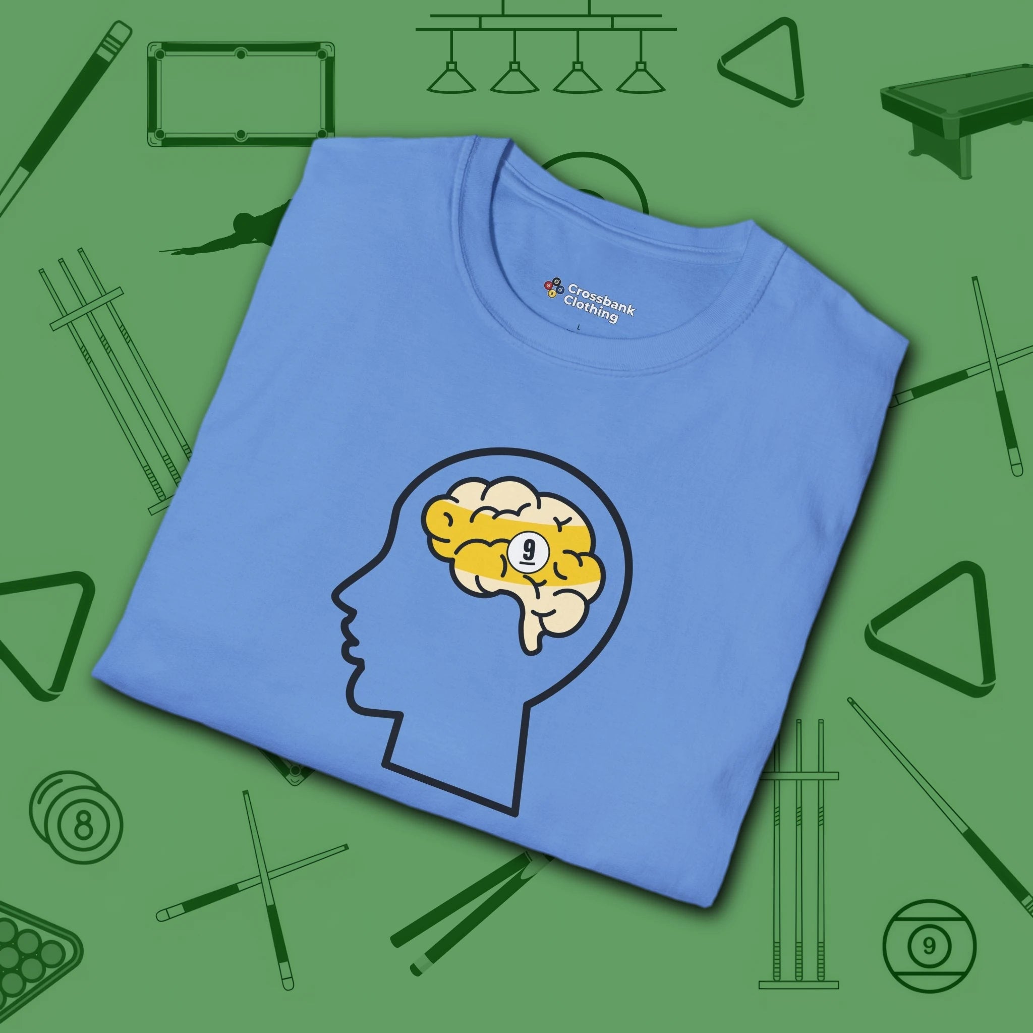 Rack Obsessed T-Shirt, in Carolina Blue color, billiards shirt, folded view