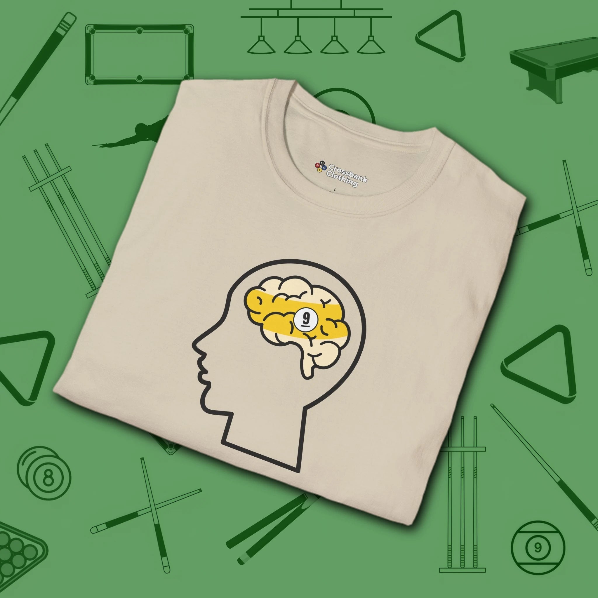 Rack Obsessed T-Shirt, in Sand color, billiards shirt, folded view