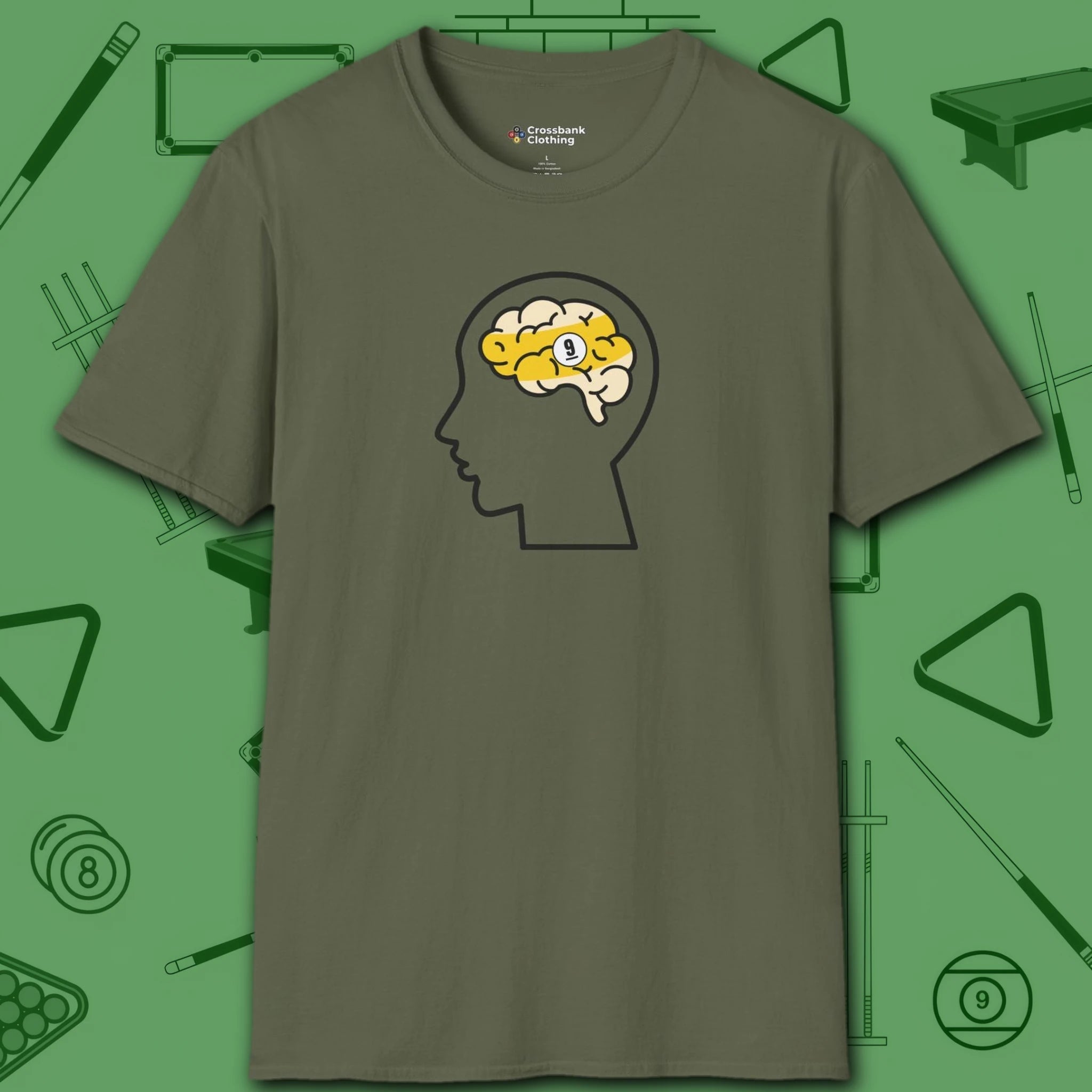 Rack Obsessed T-Shirt, in Military Green color, billiards shirt, front view