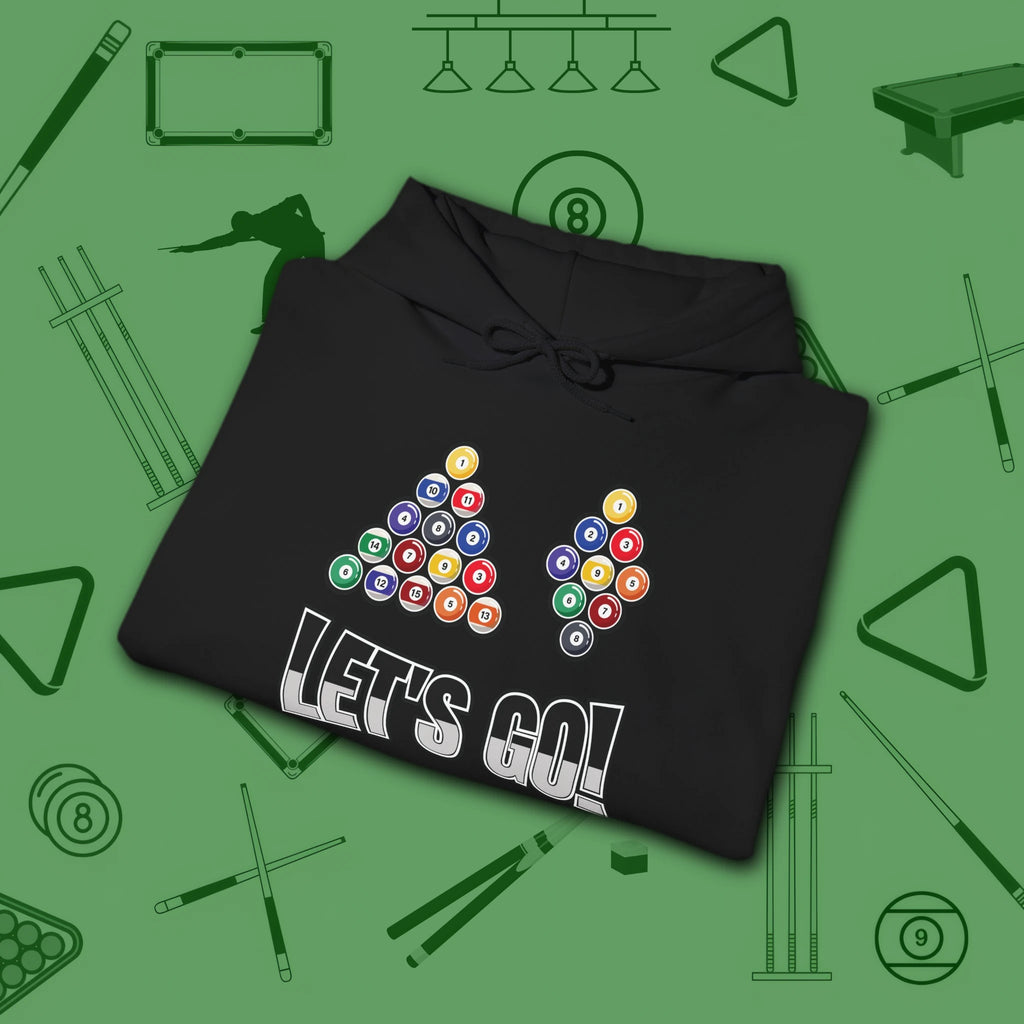 Racked and Ready Let's Go Hoodie, in Black color, billiards hoodie, folded view
