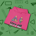 Racked and Ready Let's Go Hoodie, in Heliconia color, billiards hoodie, folded view