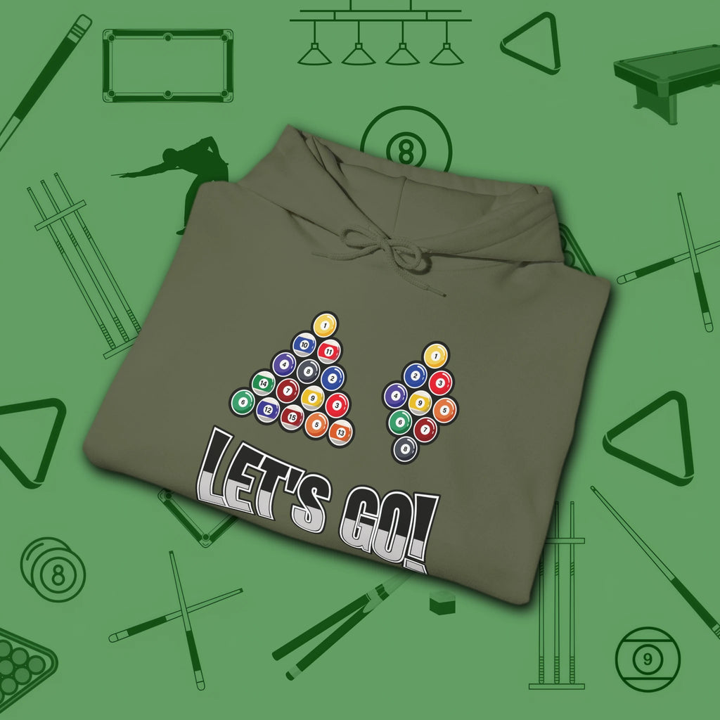 Racked and Ready Let's Go Hoodie, in Military Green color, billiards hoodie, folded view