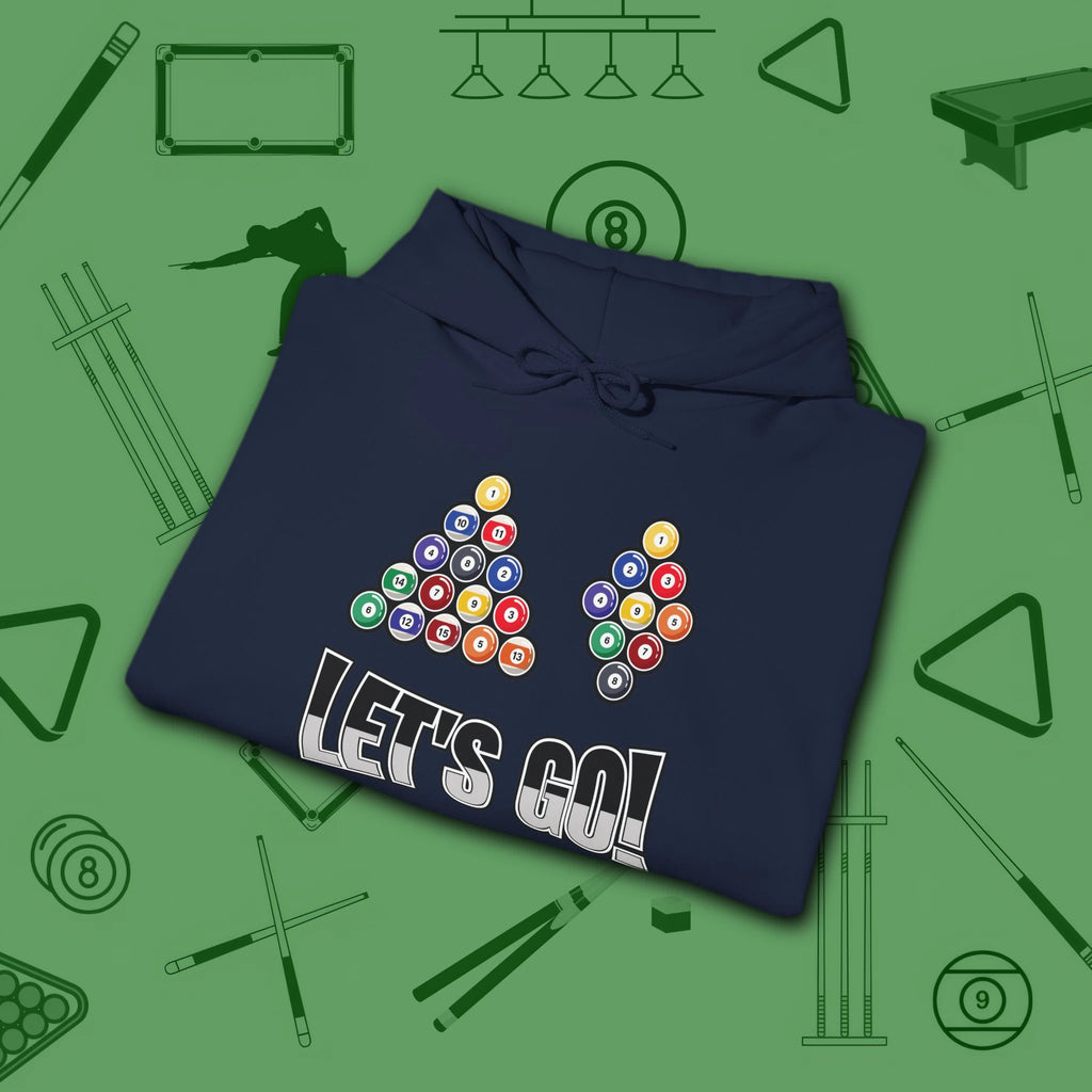 Racked and Ready Let's Go Hoodie, in Navy color, billiards hoodie, folded view