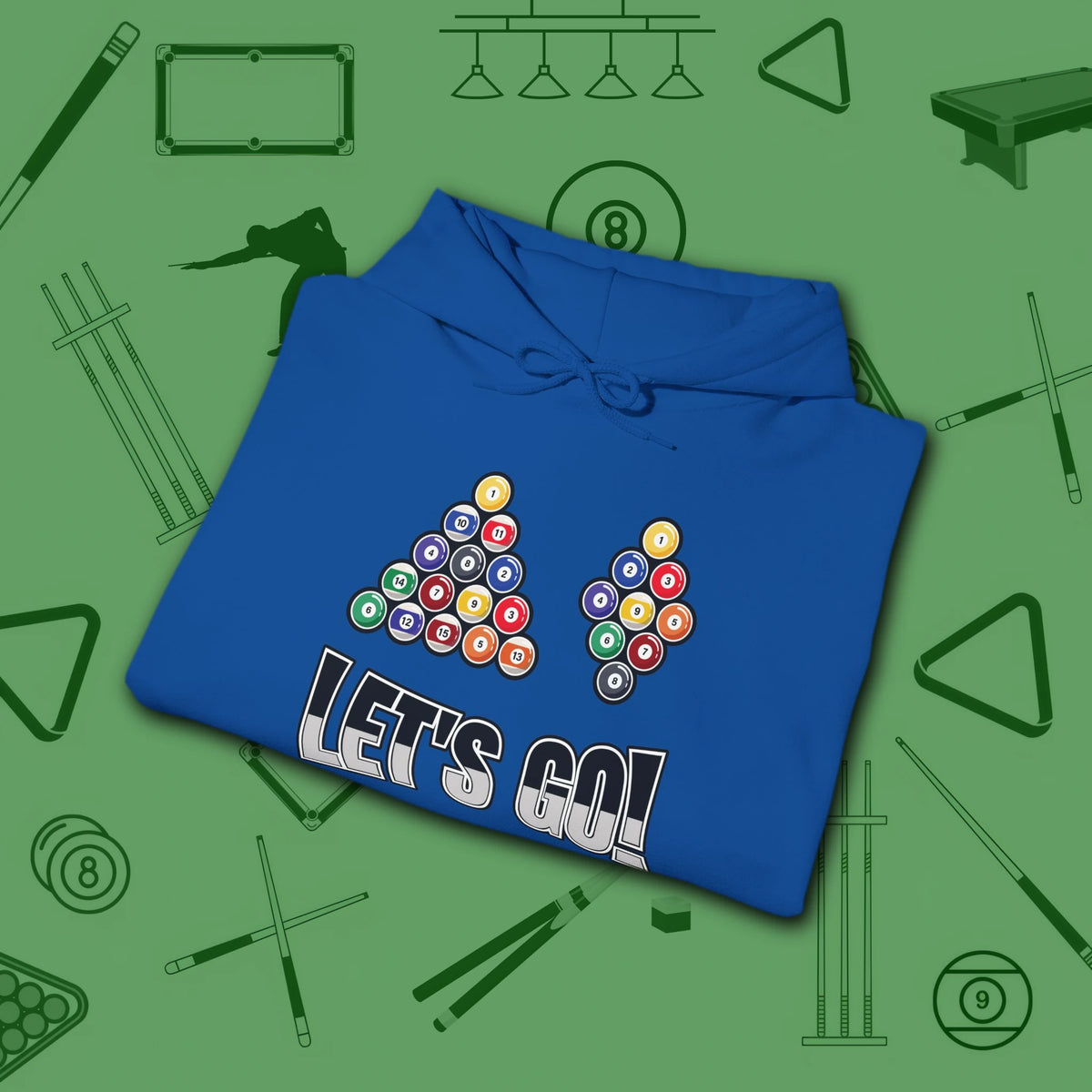 Racked and Ready Let's Go Hoodie, in Royal color, billiards hoodie, folded view