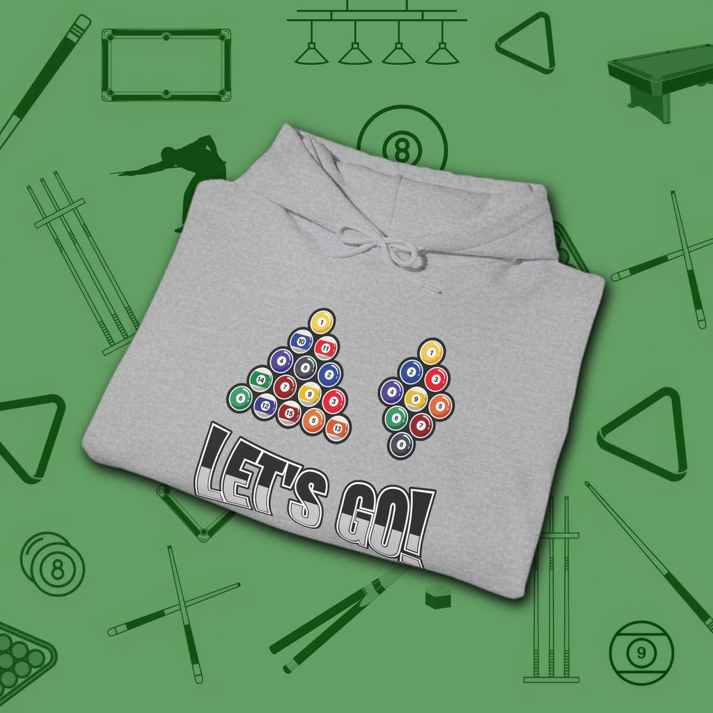 Racked and Ready Let's Go Hoodie, in Sport Grey color, billiards hoodie, folded view