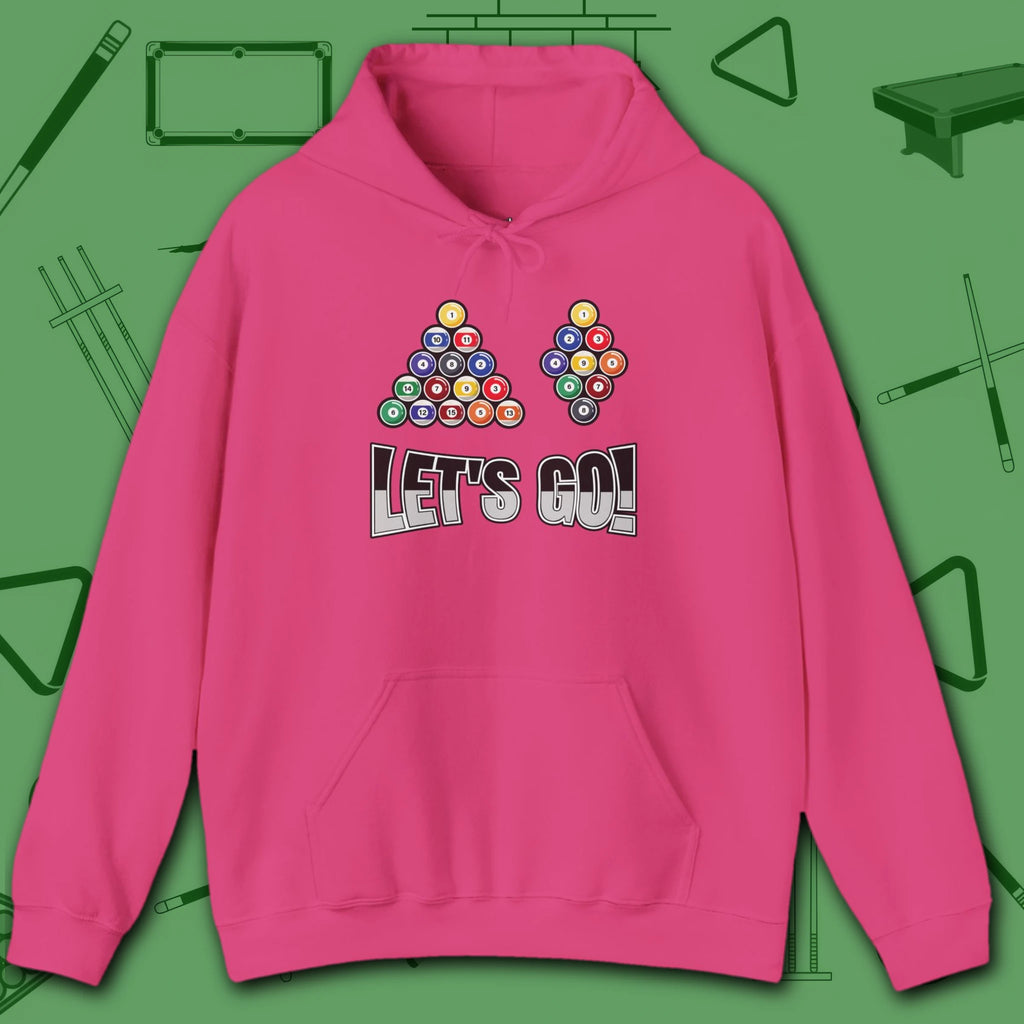 Racked and Ready Let's Go Hoodie, in Heliconia color, billiards hoodie, front view