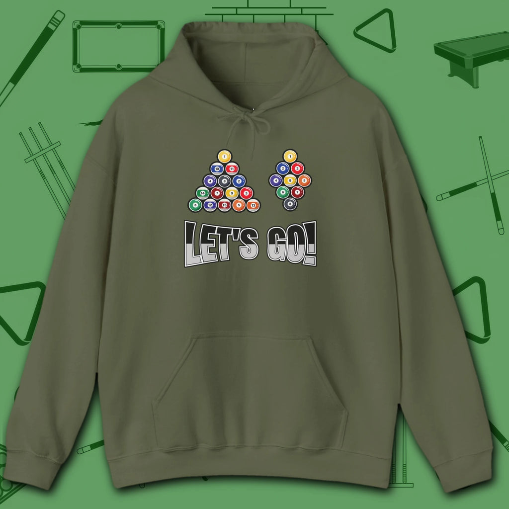 Racked and Ready Let's Go Hoodie, in Military Green color, billiards hoodie, front view