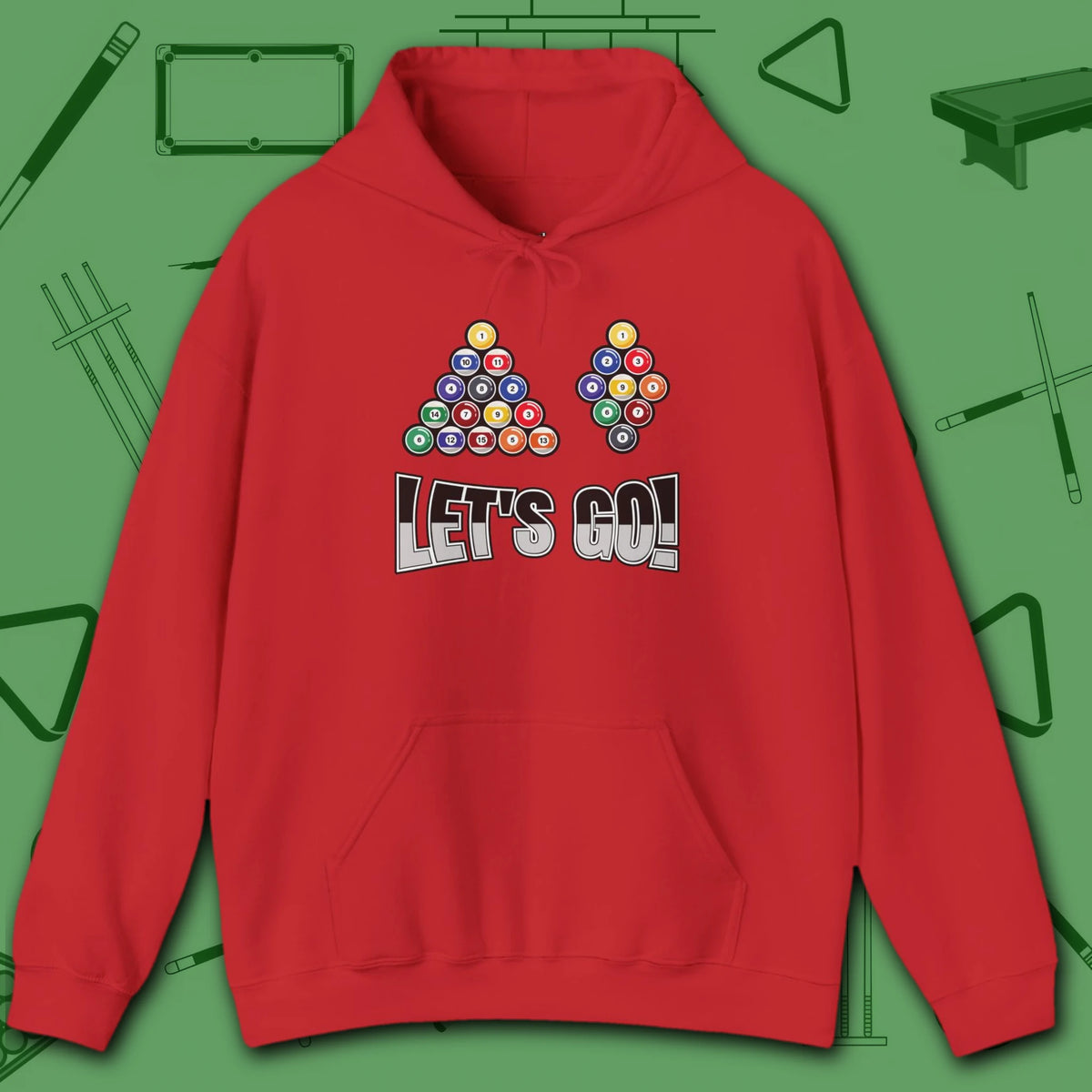 Racked and Ready Let's Go Hoodie, in Red color, billiards hoodie, front view